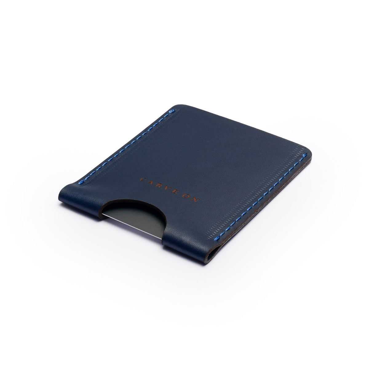Navy full-grain leather card holder, flat lay, angled view — personalised — CarveOn, made in Ireland#Color_Navy