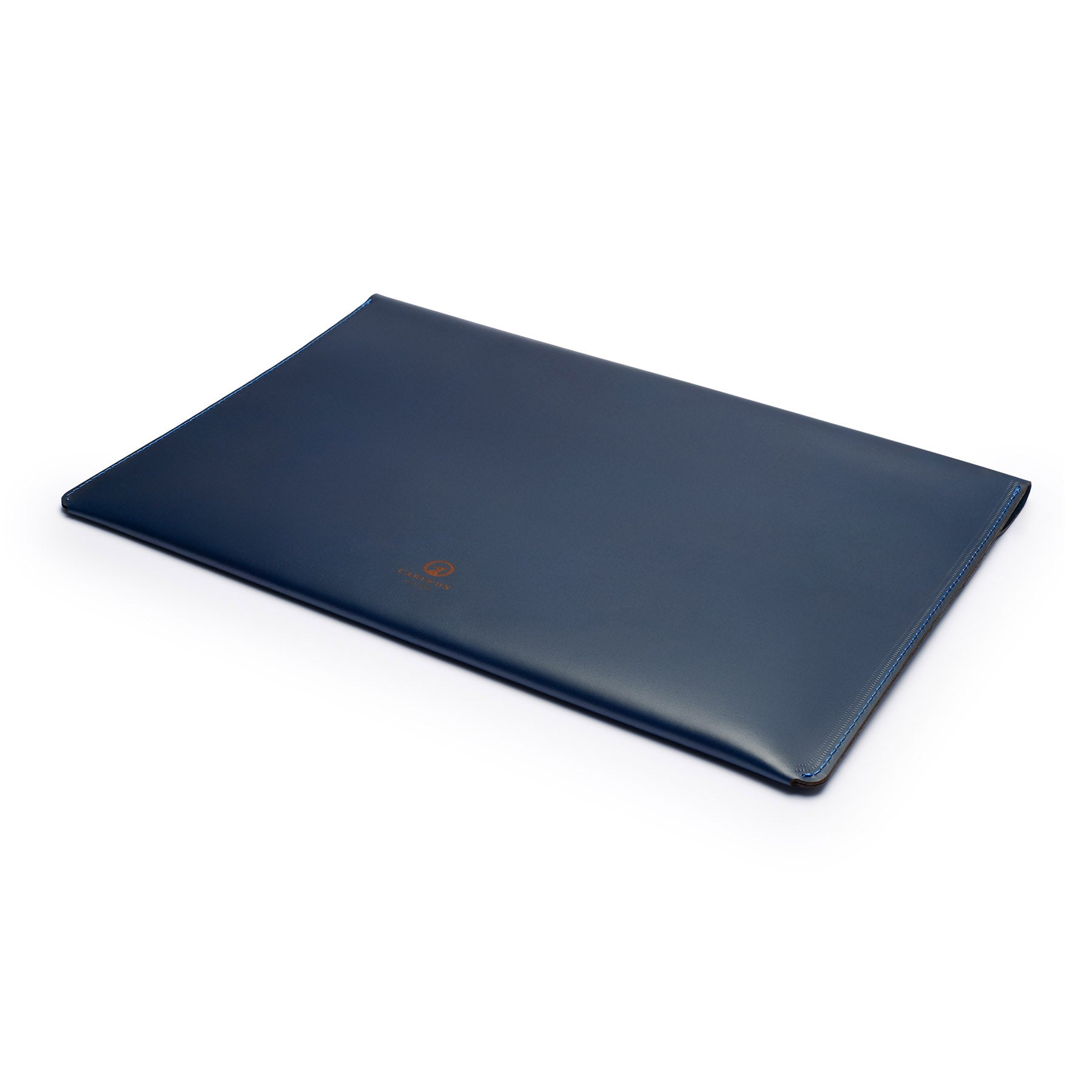 Navy full-grain leather document folio, flat lay, angled view — personalised — CarveOn, made in Ireland#Color_Navy