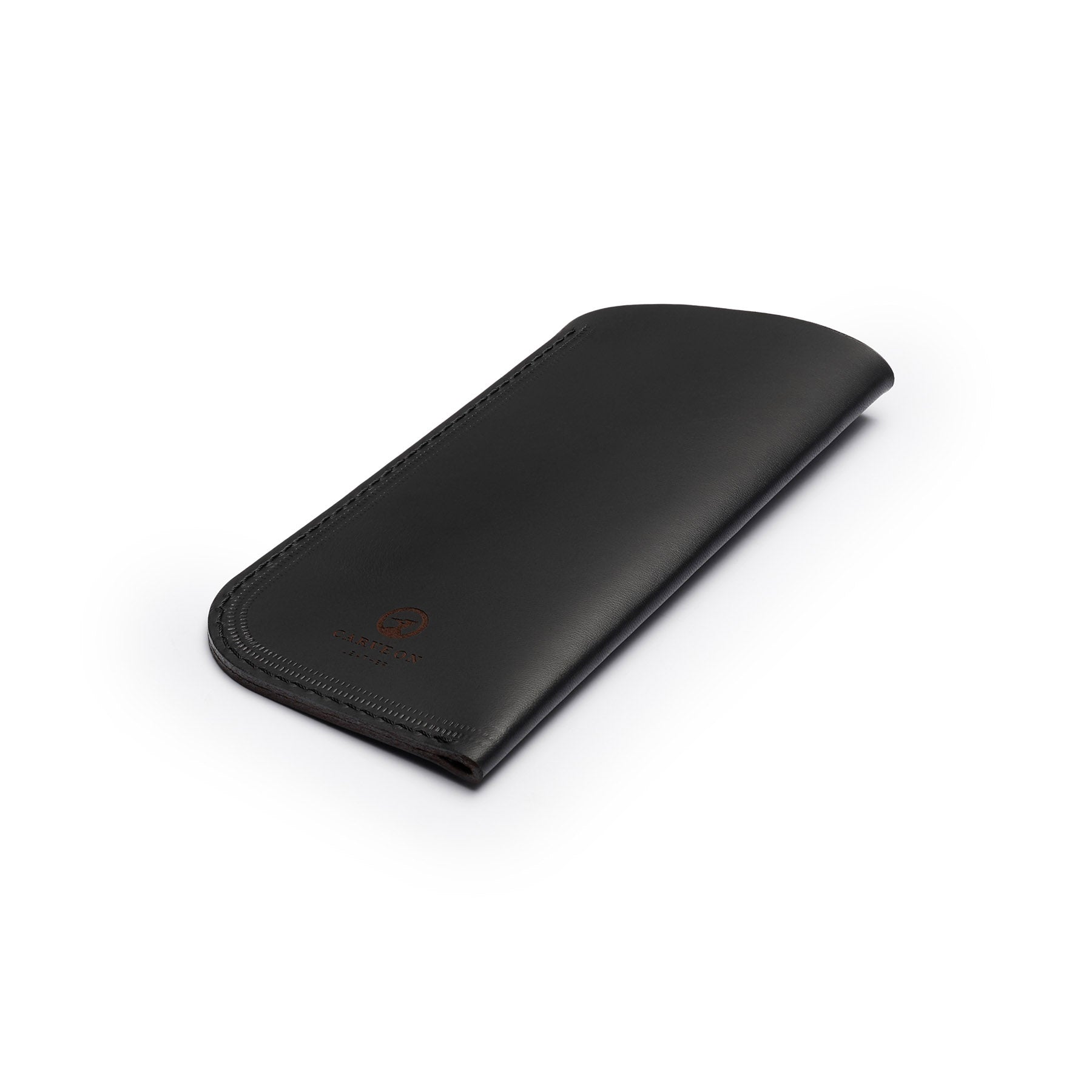 Black full-grain leather glasses case, flat lay, angled view — personalised — CarveOn, made in Ireland#Color_Black