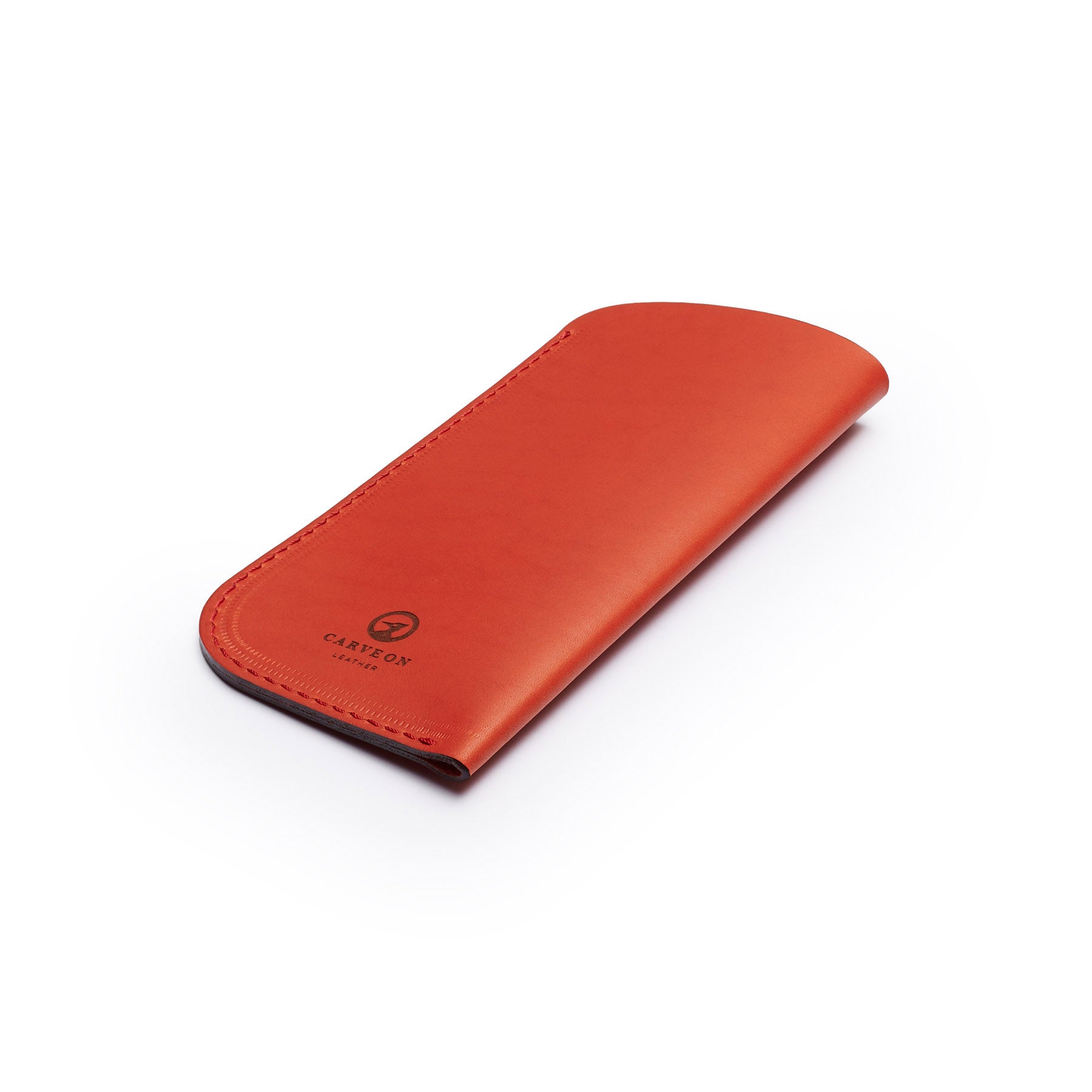 Red full-grain leather glasses case, flat lay, angled view — personalised — CarveOn, made in Ireland#Color_Red