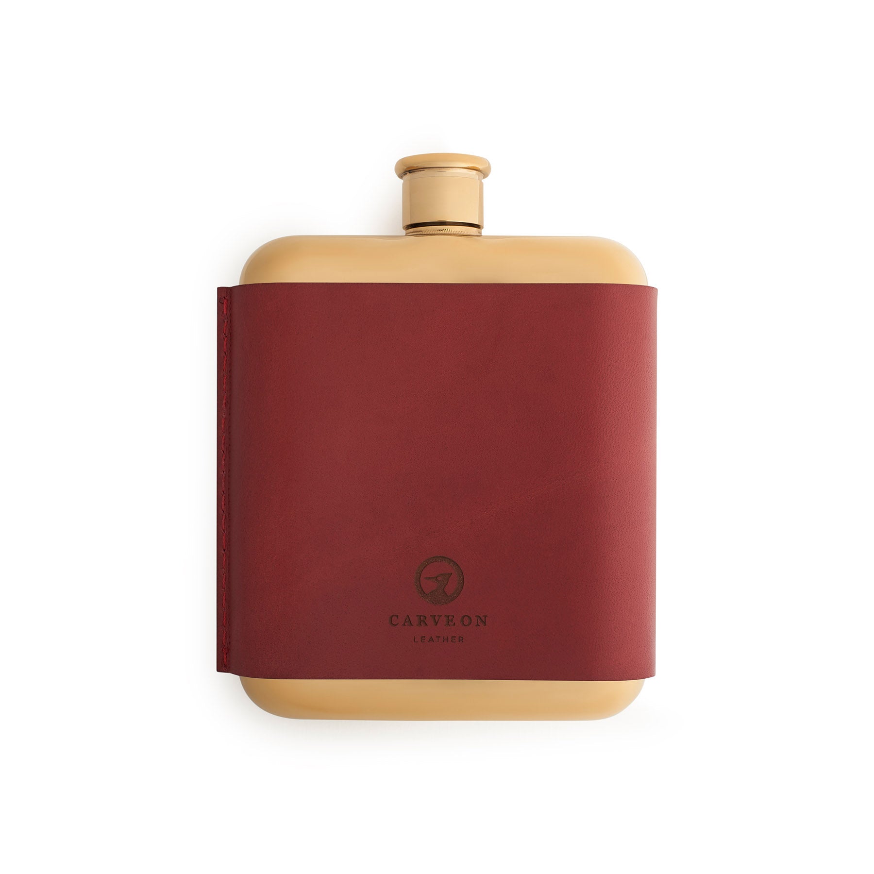 Burgundy leather-bound hip flask, flat lay — personalised gift — CarveOn, made in Ireland#Color_Burgundy