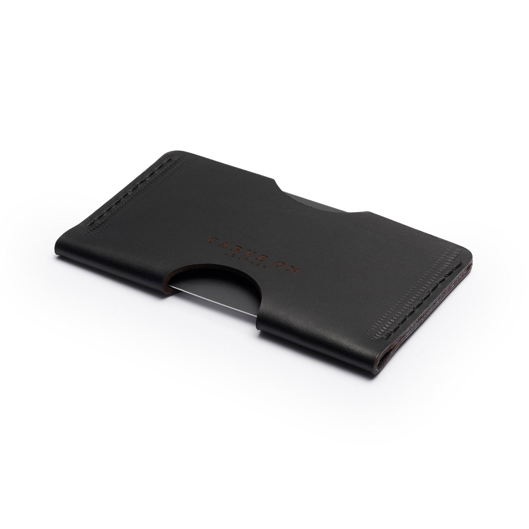 Black full-grain leather landscape card holder, flat lay, angled view — personalised — CarveOn, made in Ireland#Color_Black