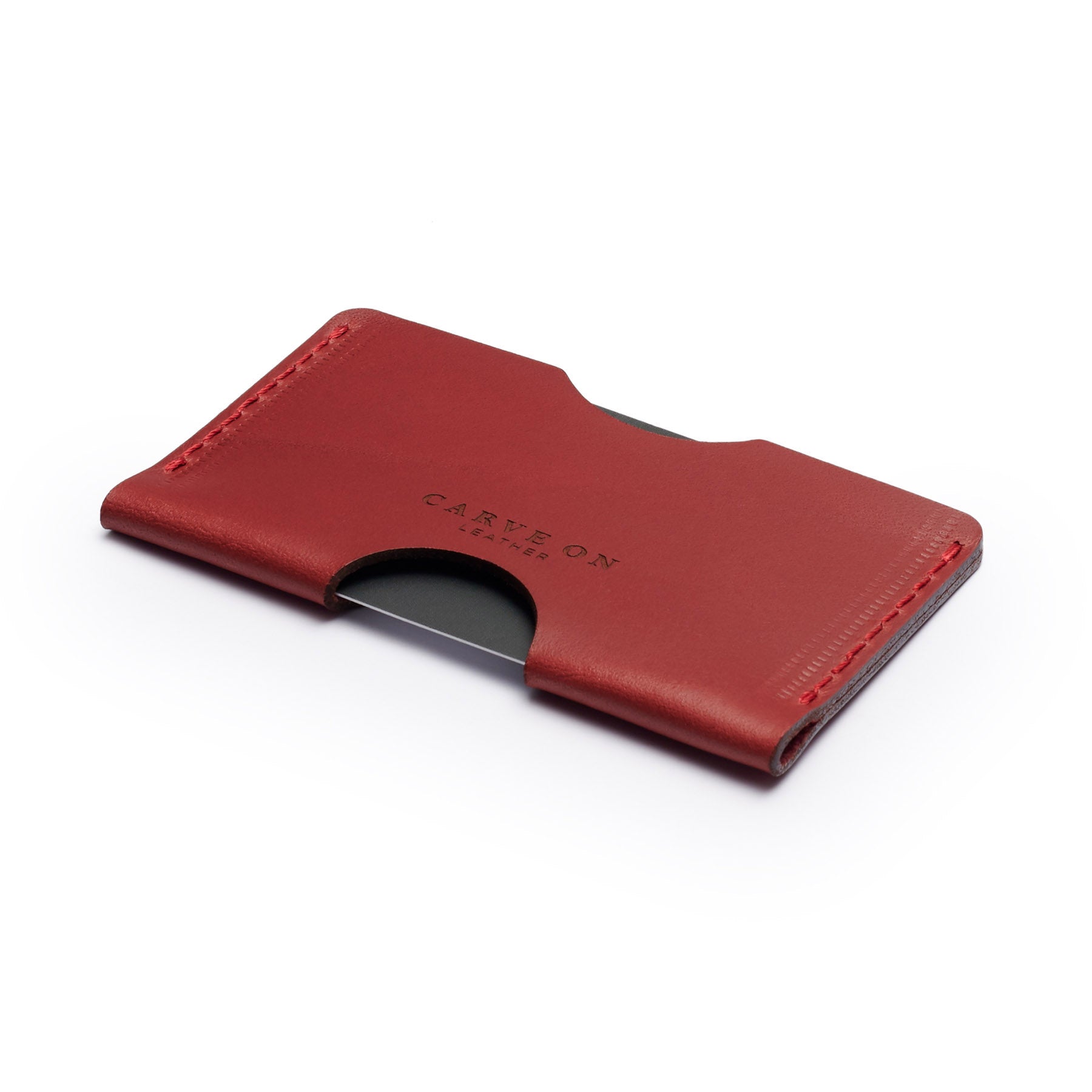Burgundy full-grain leather landscape card holder, flat lay, angled view — personalised — CarveOn, made in Ireland#Color_Burgundy