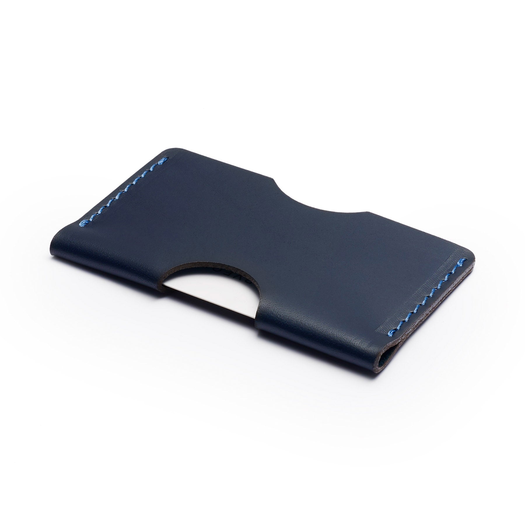 Navy full-grain leather landscape card holder, flat lay, angled view — personalised — CarveOn, made in Ireland#Color_Navy