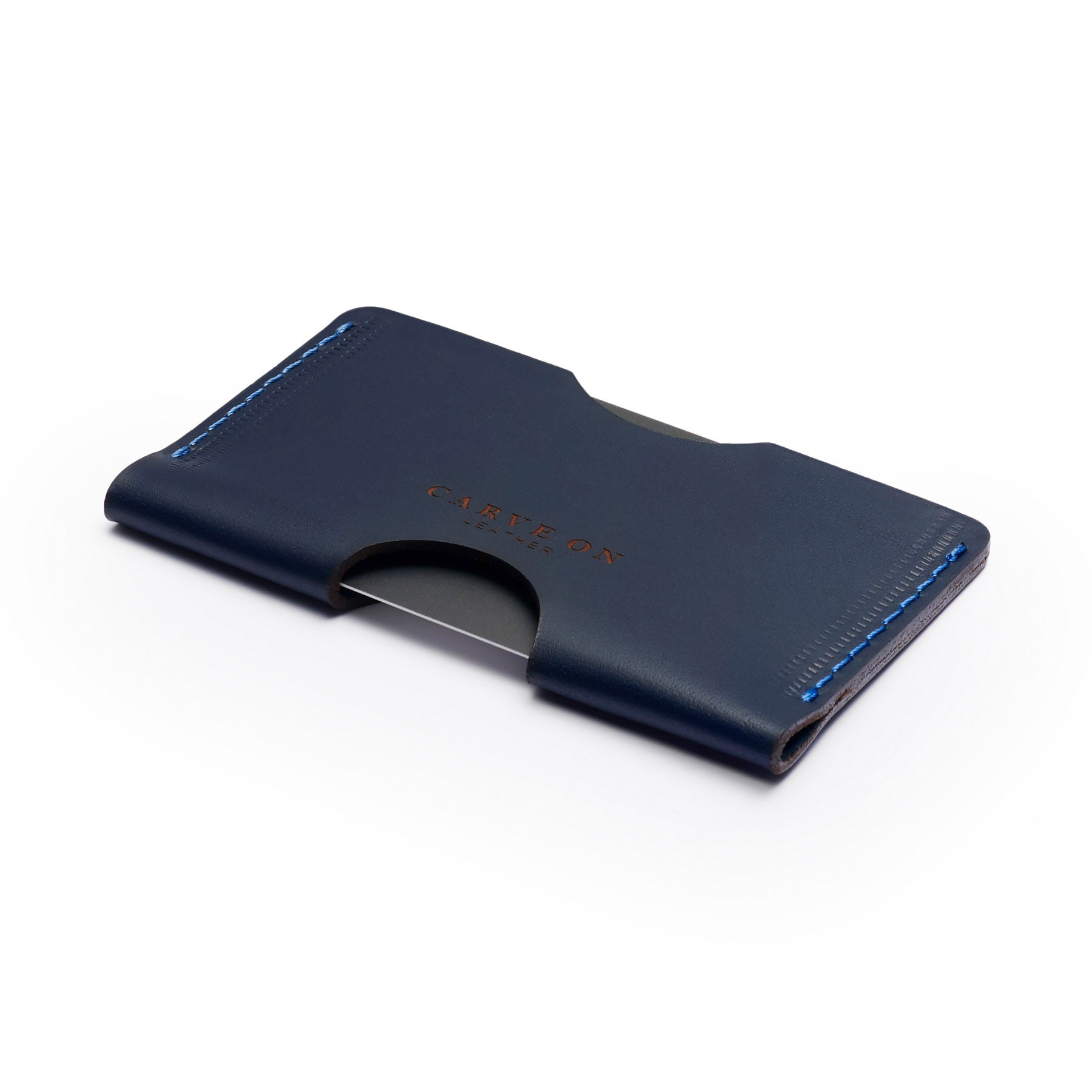 Navy full-grain leather landscape card holder, flat lay, angled view — personalised — CarveOn, made in Ireland#Color_Navy