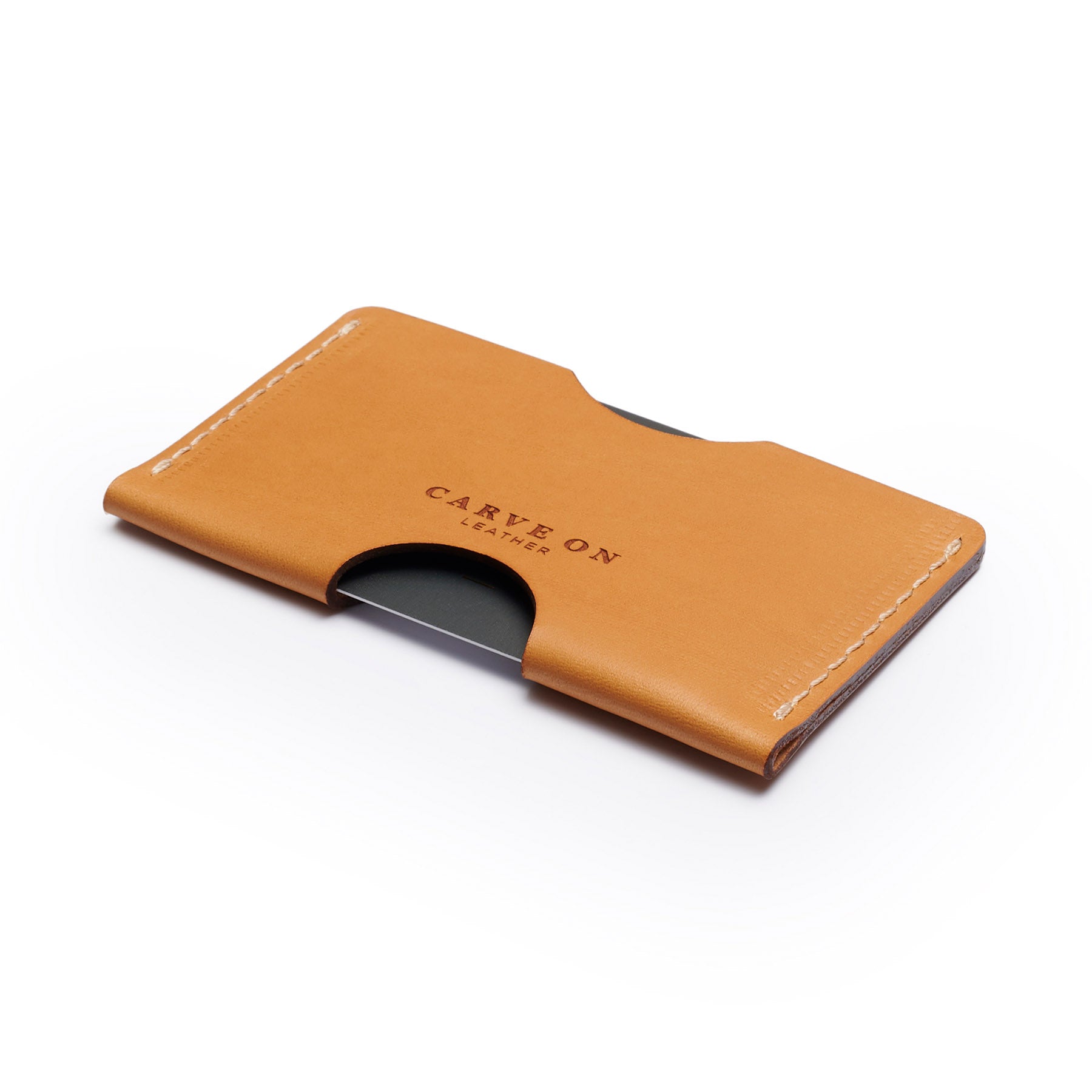 Tan full-grain leather landscape card holder, flat lay, angled view — personalised — CarveOn, made in Ireland#Color_Tan