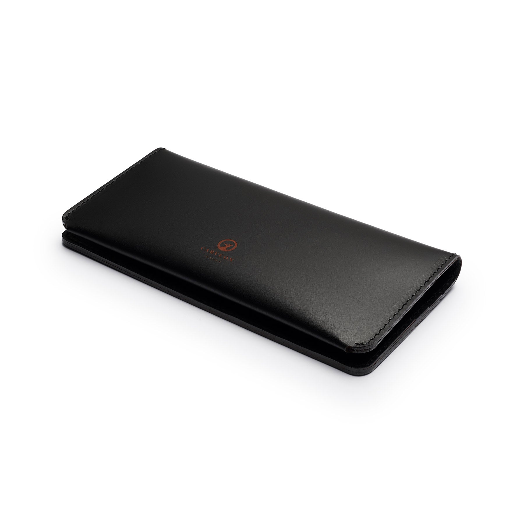 Black full-grain leather long wallet, flat lay, angled view — personalised — CarveOn, made in Ireland#Color_Black