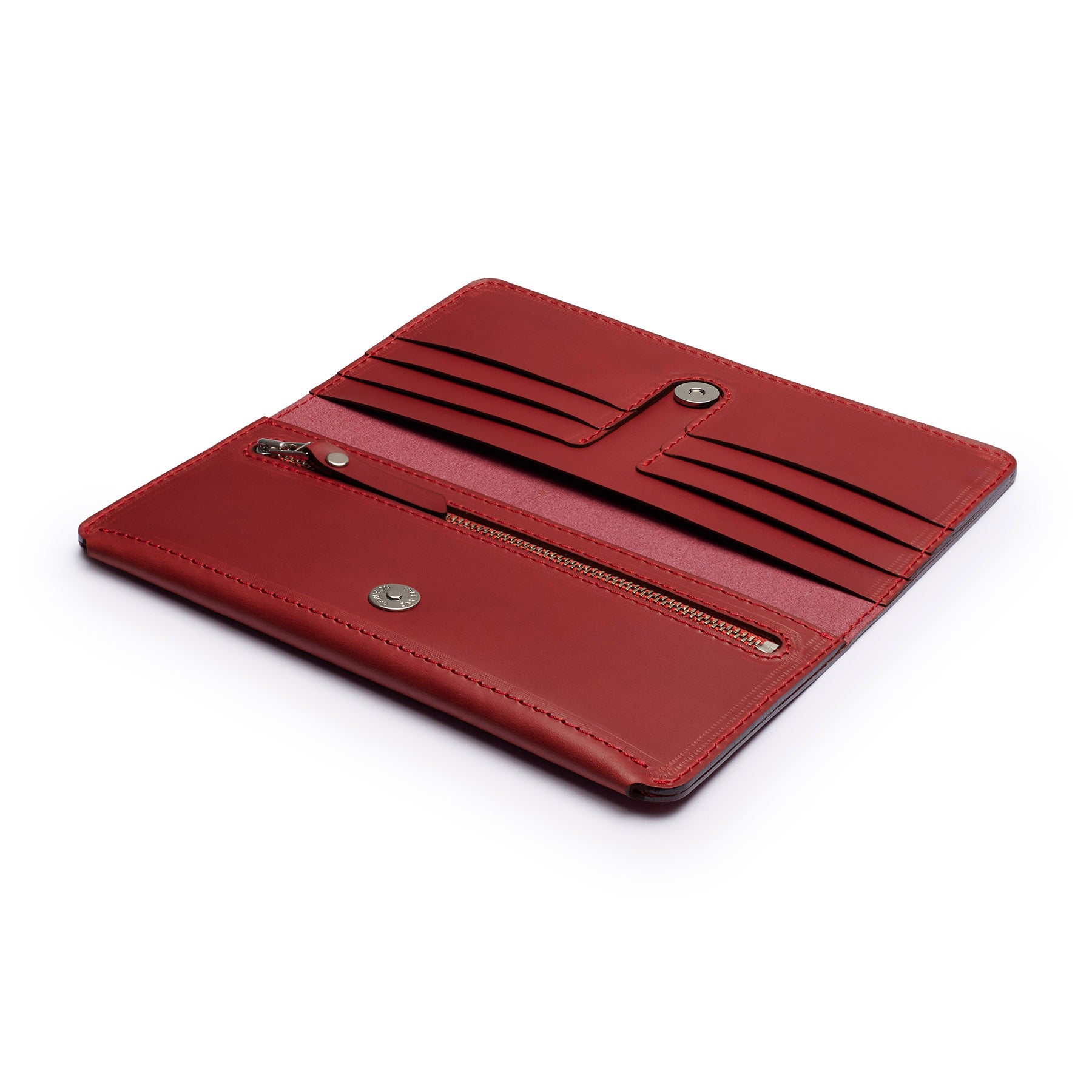 Burgundy full-grain leather long wallet, flat lay, angled view — personalised — CarveOn, made in Ireland#Color_Burgundy