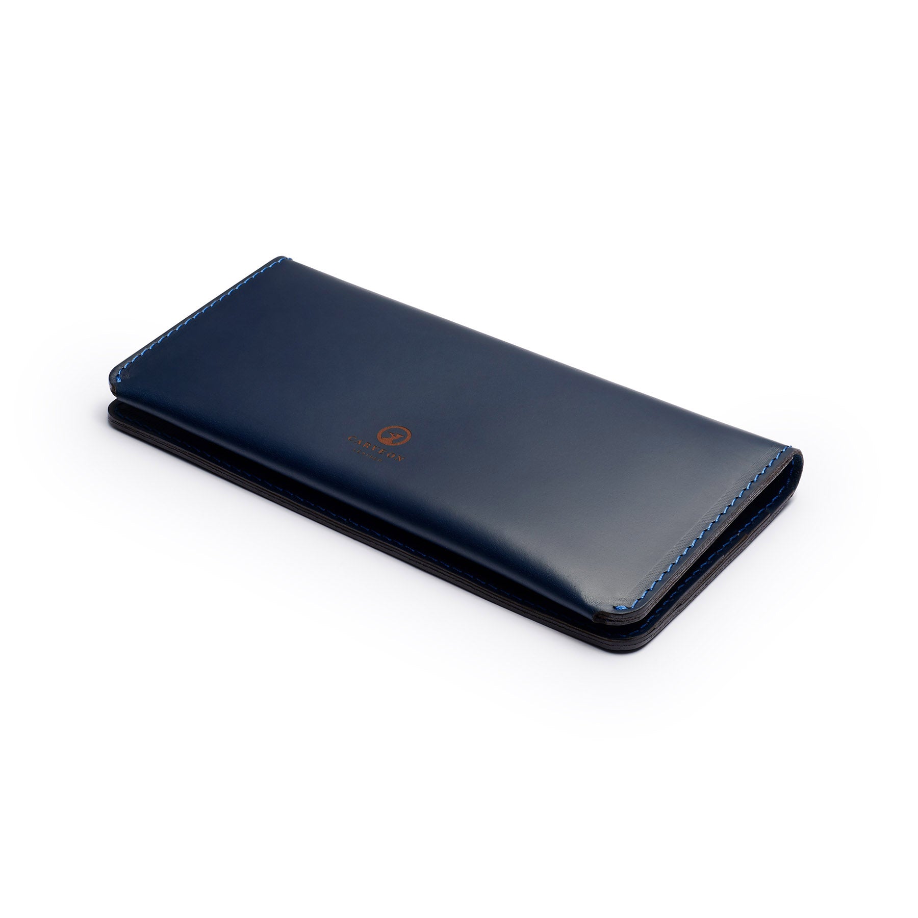 Navy full-grain leather long wallet, flat lay, angled view — personalised — CarveOn, made in Ireland#Color_Navy