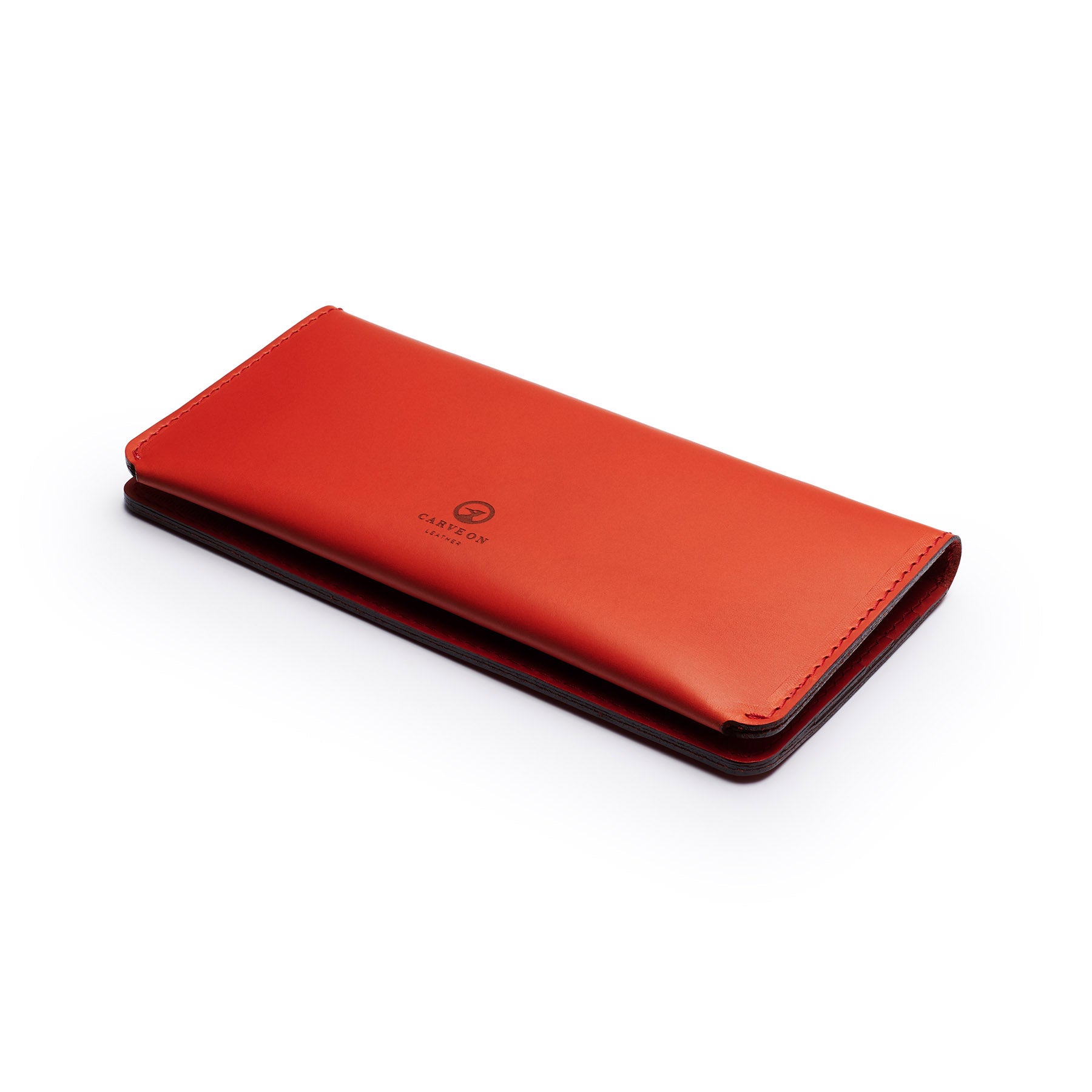 Red full-grain leather long wallet, flat lay, angled view — personalised — CarveOn, made in Ireland#Color_Red