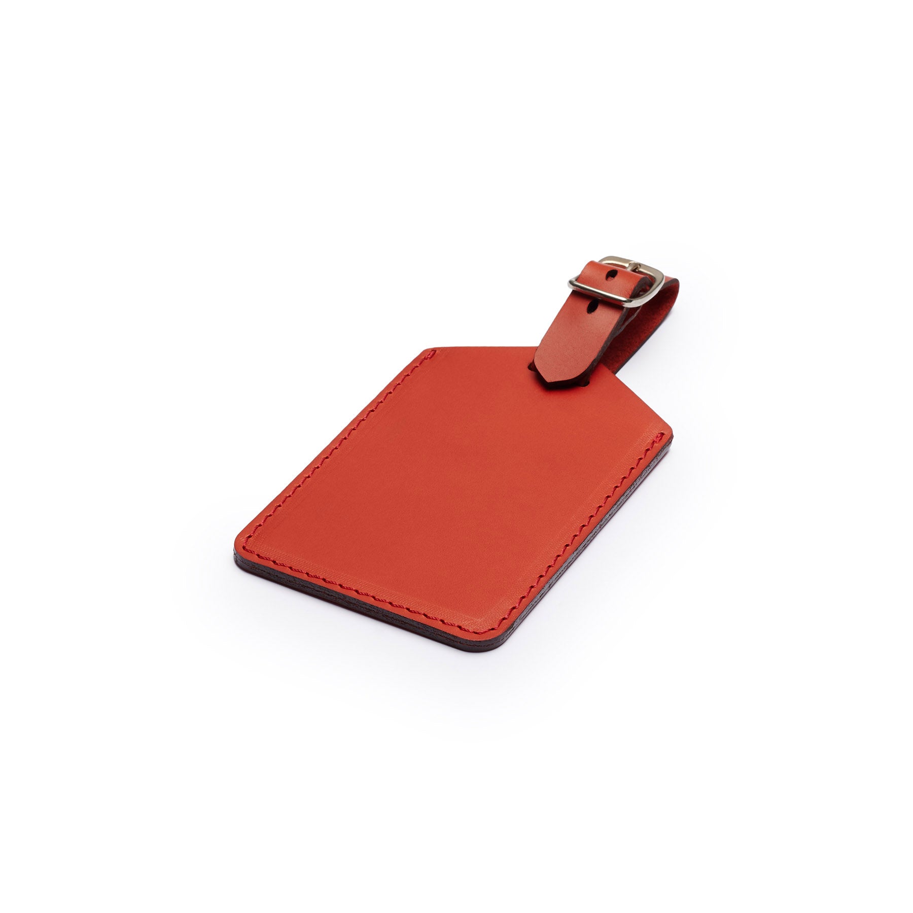 Red leather golf bag tag, flat lay, angled view — personalised golf gift — CarveOn, handmade in Ireland#Color_Red