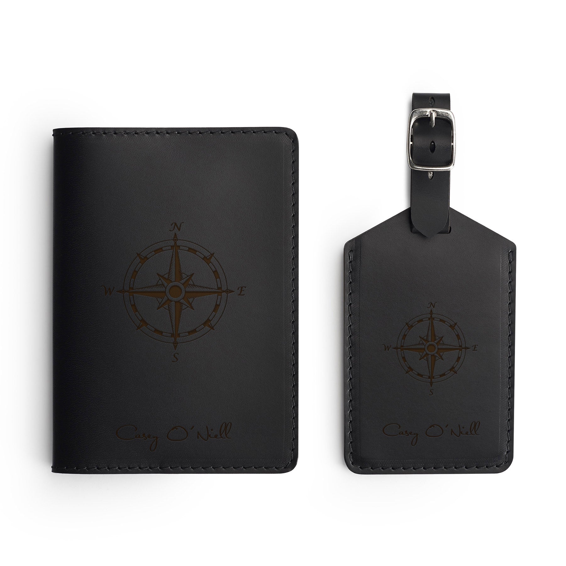 Black leather travel gift set — passport holder and luggage tag — CarveOn, made in Ireland#Color_Hidden