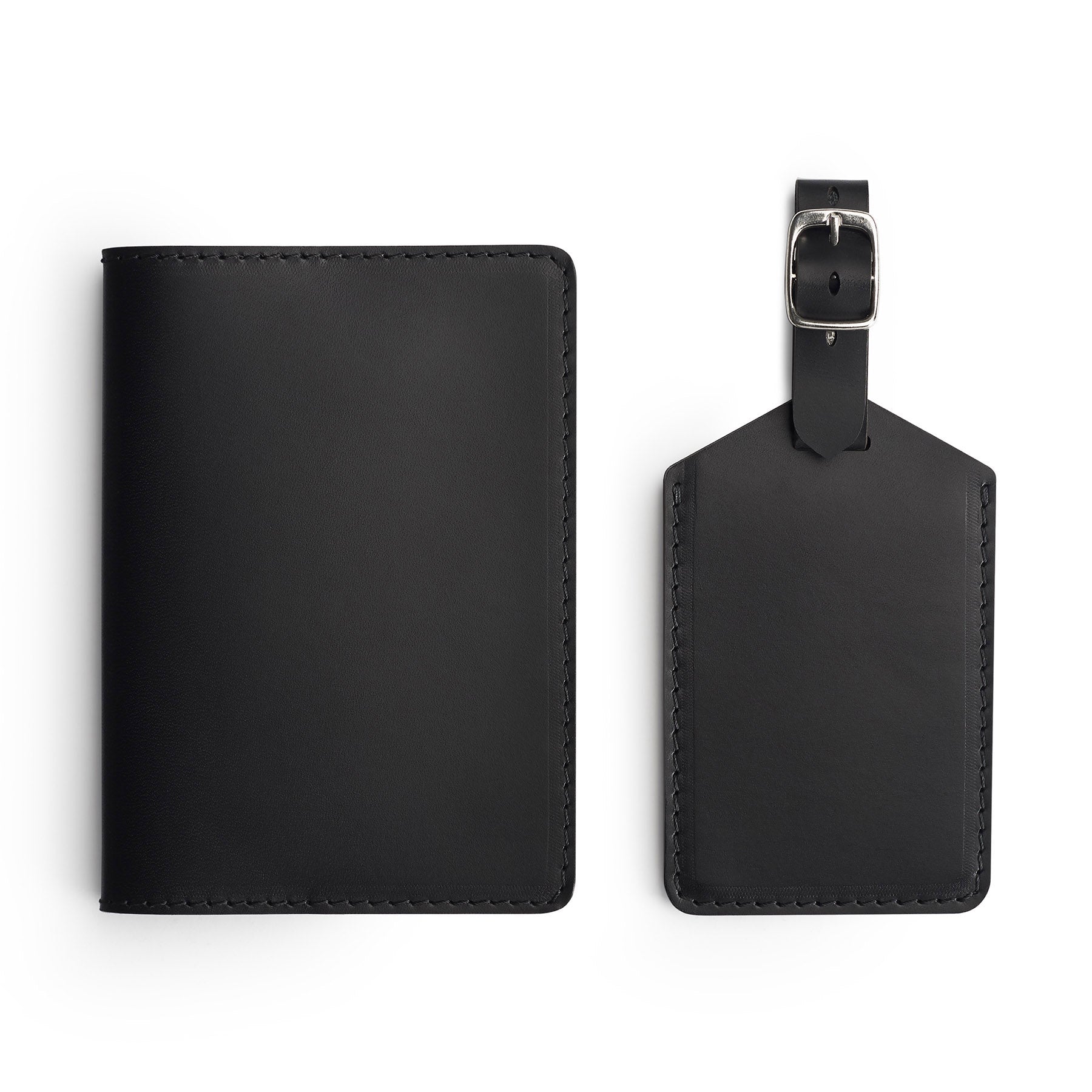 Black leather travel gift set, flat lay — passport holder and luggage tag — CarveOn, made in Ireland#Color_Black