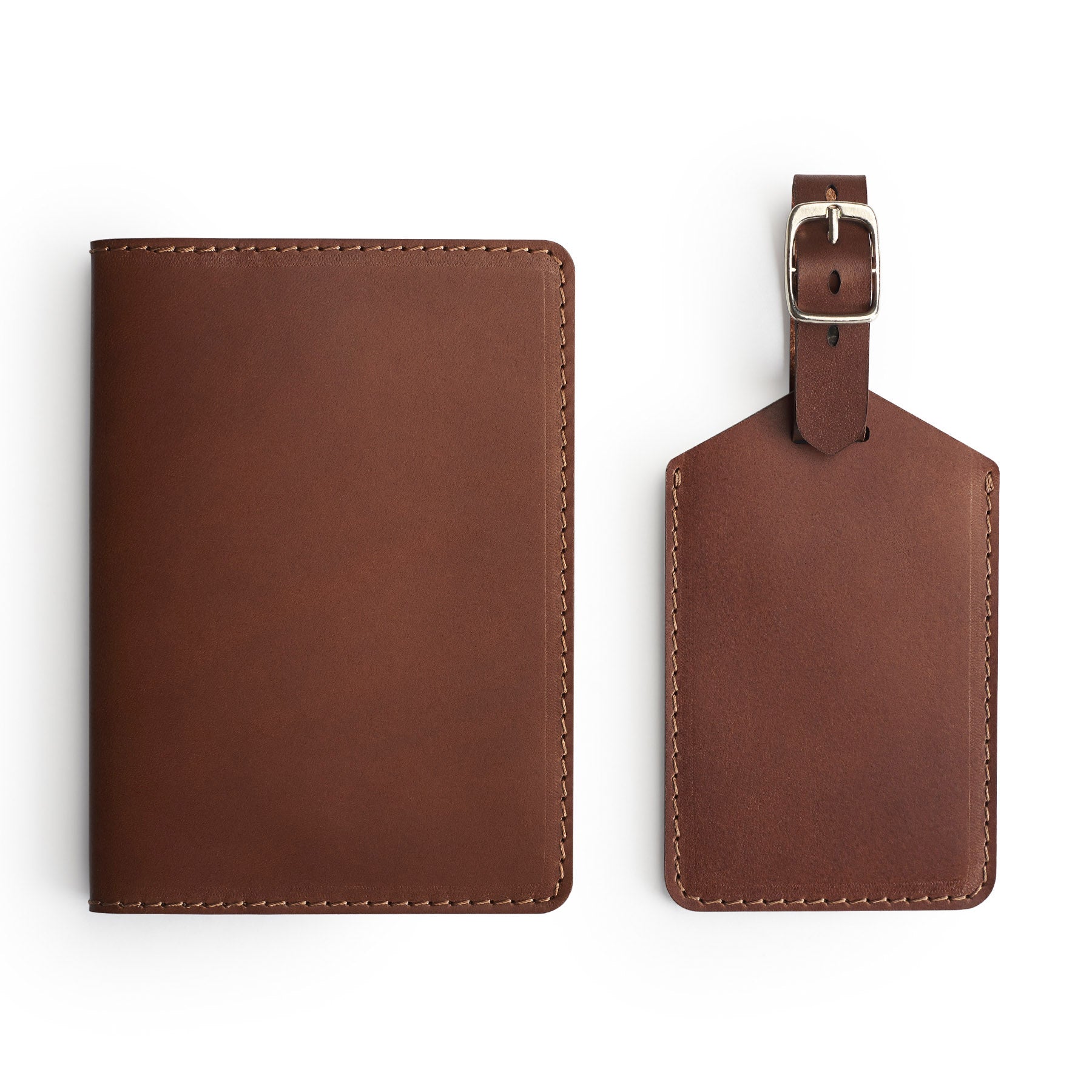 Dark Brown leather travel gift set, flat lay — passport holder and luggage tag — CarveOn, made in Ireland#Color_Dark Brown