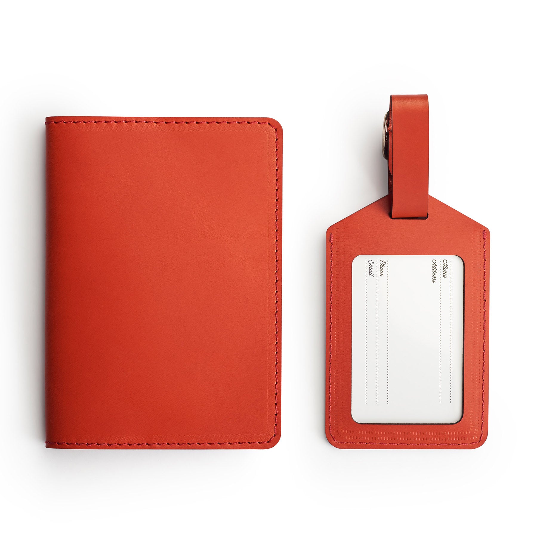 Red leather travel gift set, flat lay — passport holder and luggage tag — CarveOn, made in Ireland#Color_Red