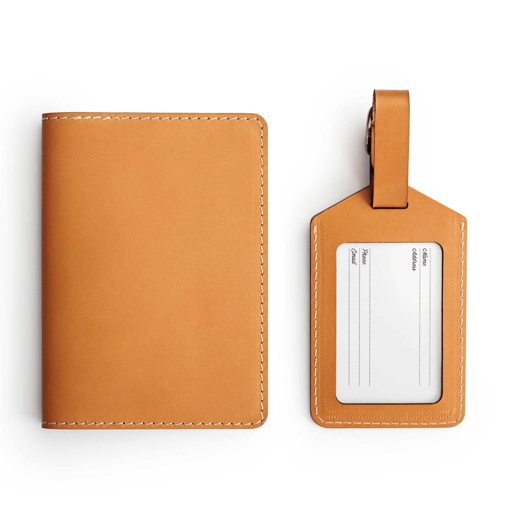 Tan leather travel gift set, flat lay — passport holder and luggage tag — CarveOn, made in Ireland#Color_Tan