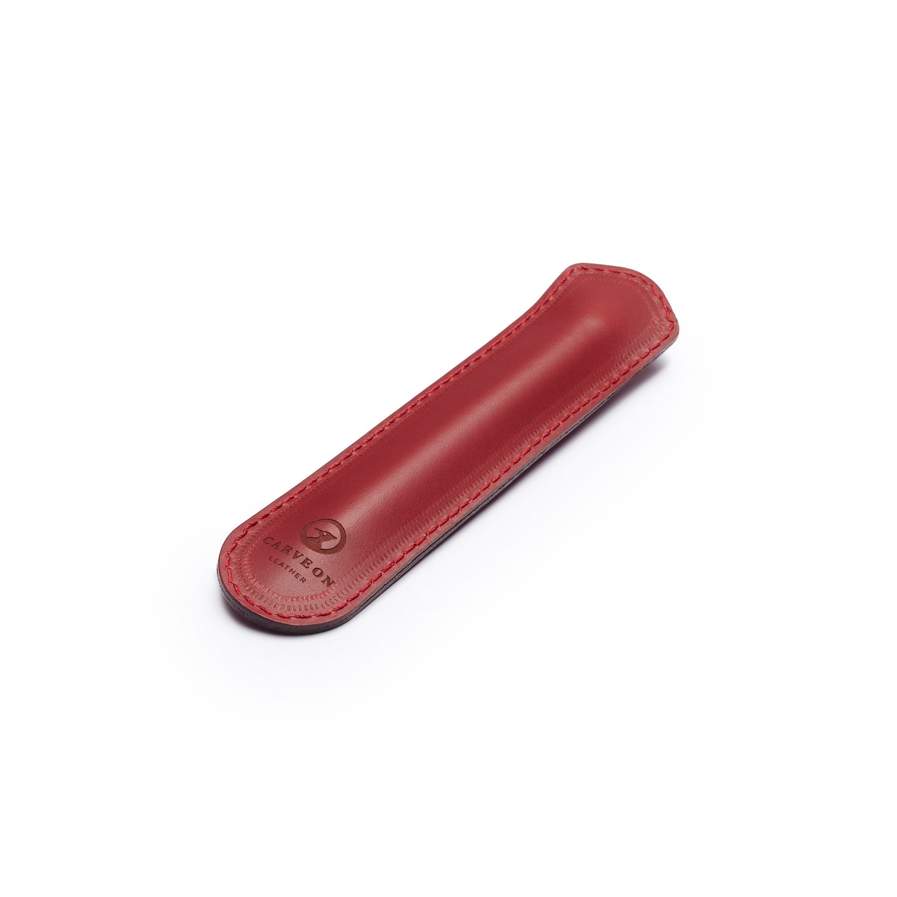Burgundy leather pen sleeve, flat lay, angled view — personalised gift — CarveOn, made in Ireland#Color_Burgundy
