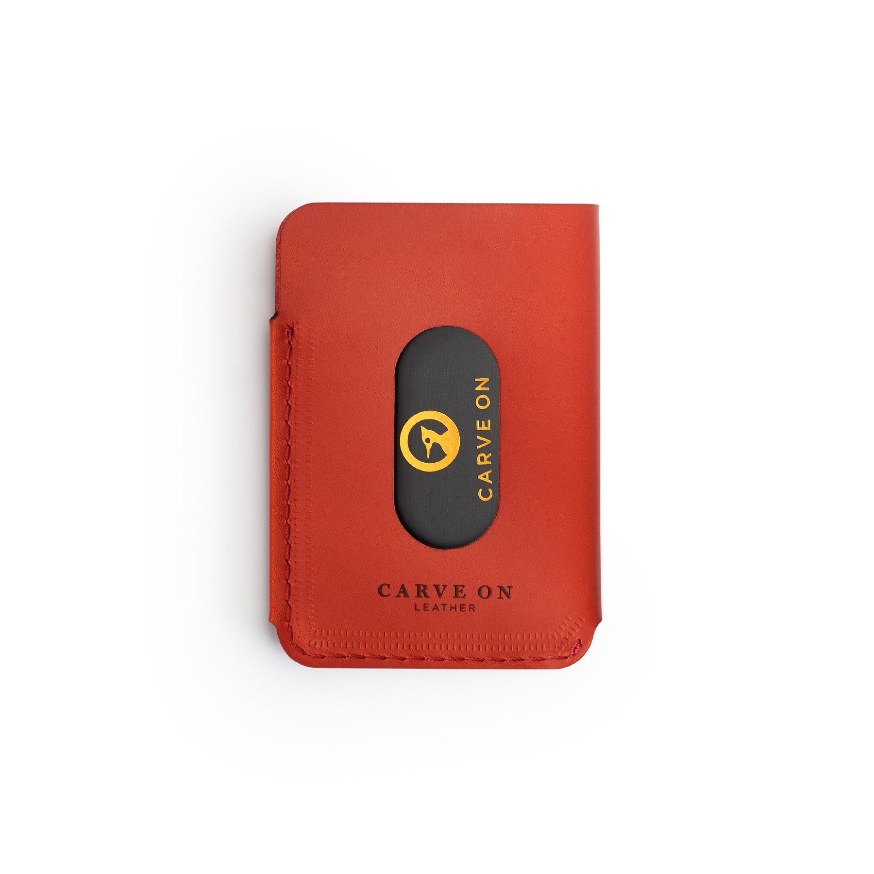 Red full-grain leather quick-draw wallet, flat lay — personalised — CarveOn, made in Ireland#Color_Red