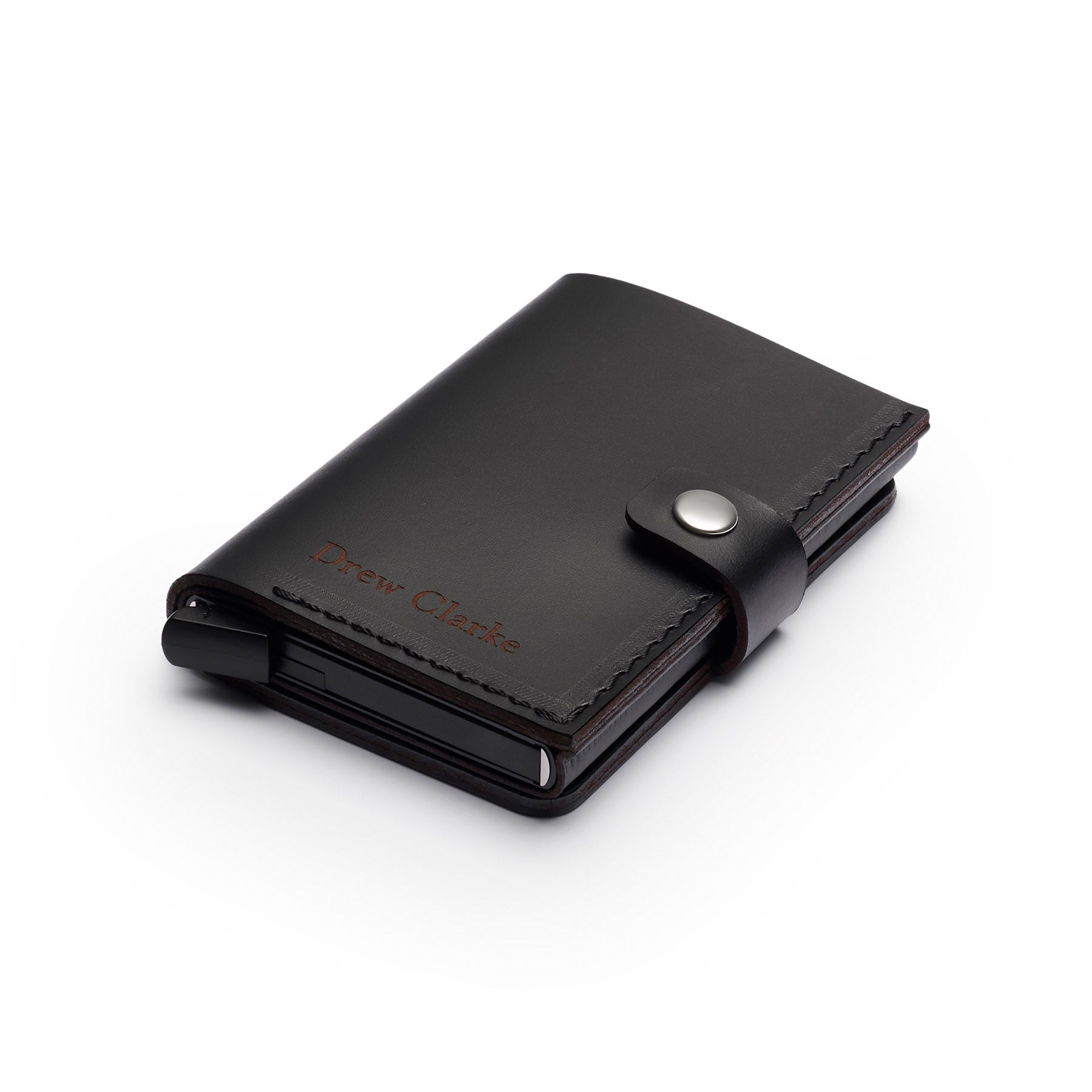 Black full-grain leather RFID wallet, flat lay, angled view — personalised — CarveOn, made in Ireland#Color_Black