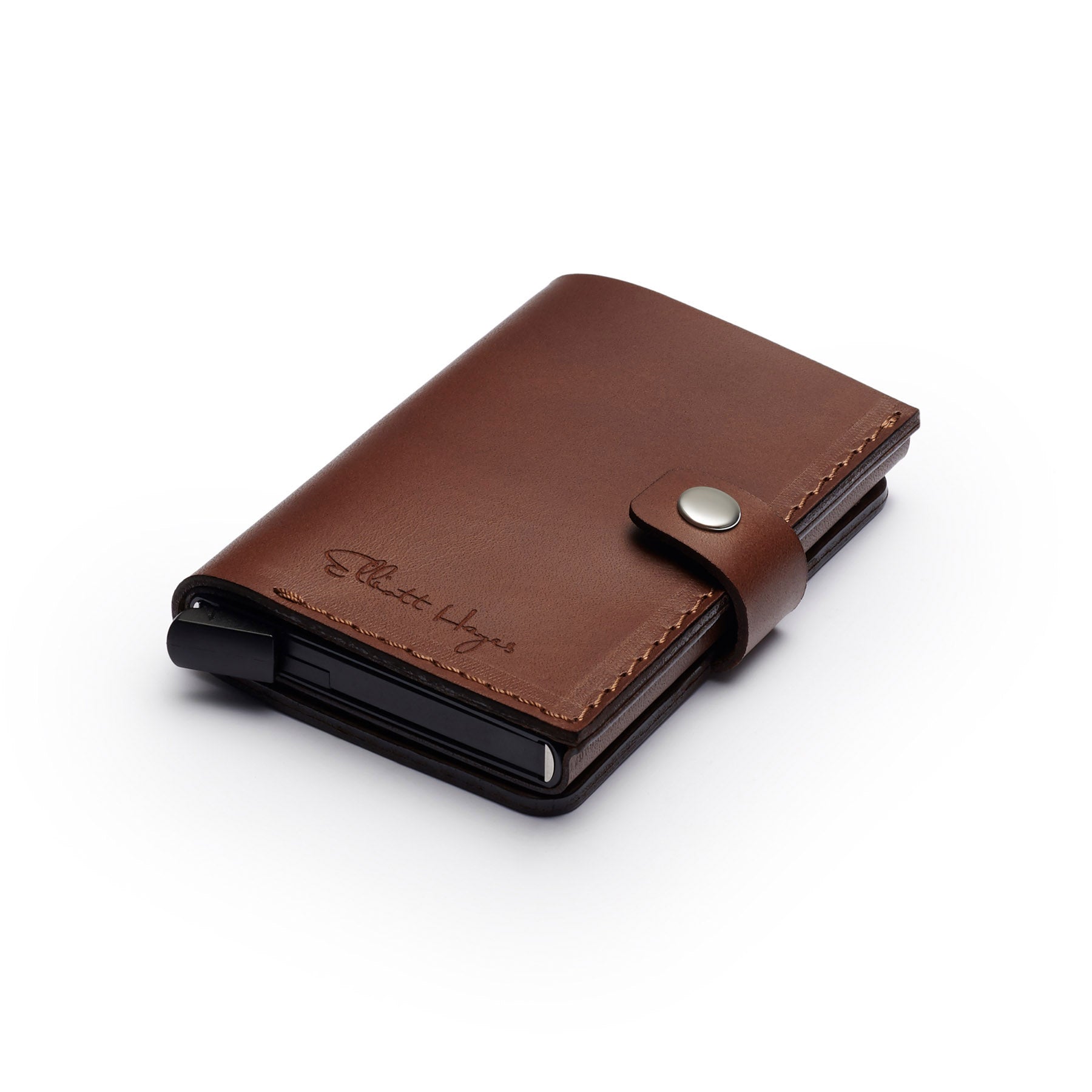 Dark Brown full-grain leather RFID wallet, flat lay, angled view — personalised — CarveOn, made in Ireland#Color_Dark Brown
