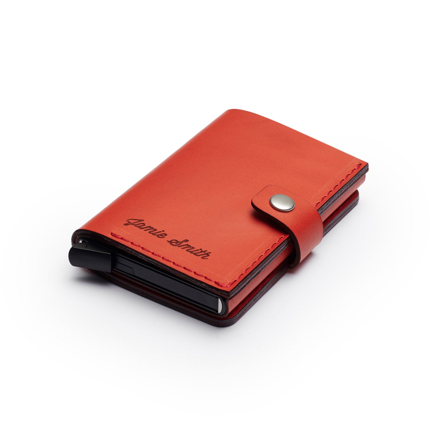 Red full-grain leather RFID wallet, flat lay, angled view — personalised — CarveOn, made in Ireland#Color_Red