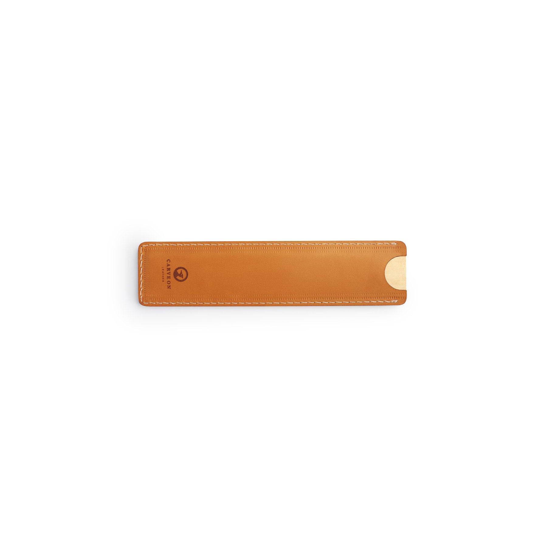 Tan solid brass ruler with leather sheath, flat lay — desk gift — CarveOn, made in Ireland#Color_Tan