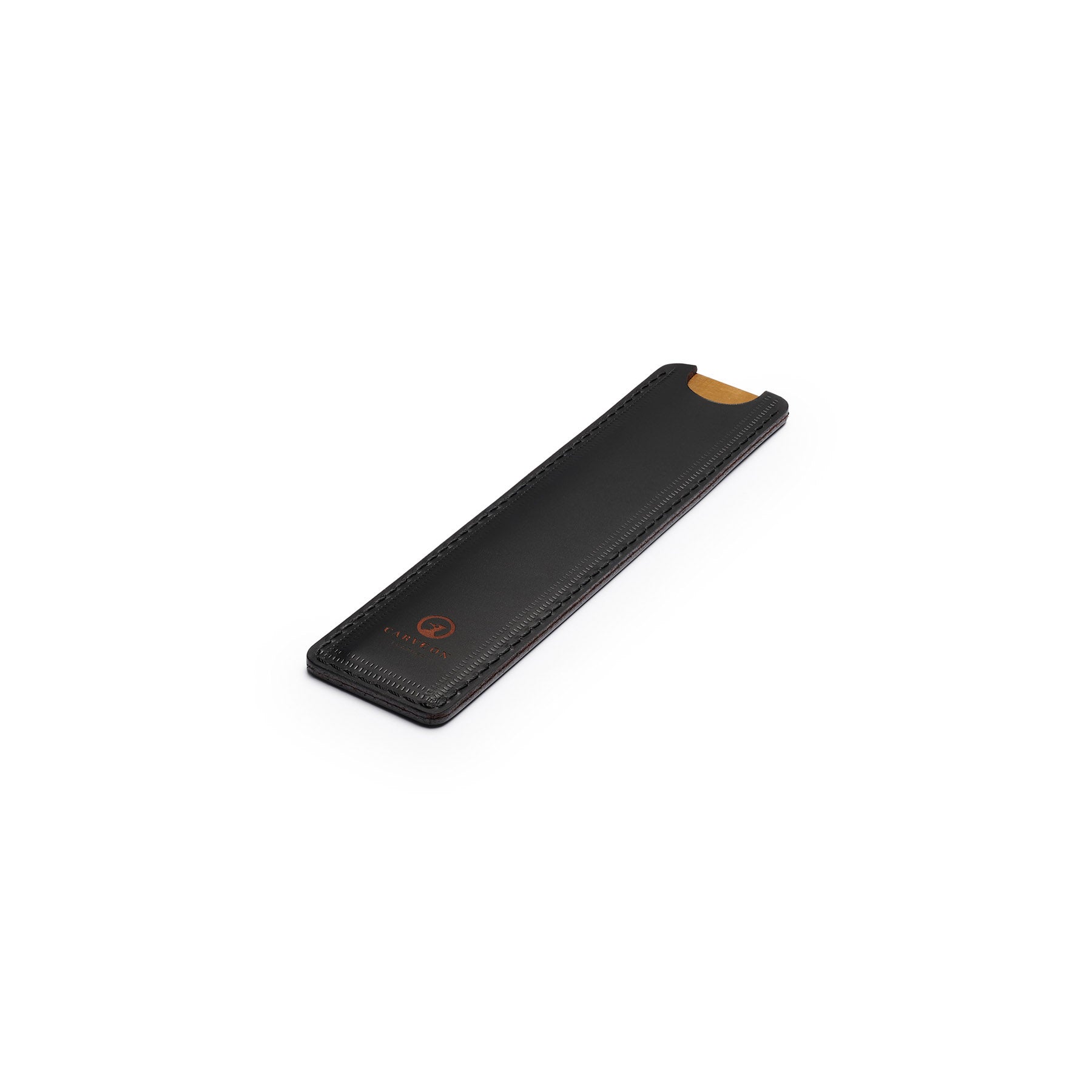 Black solid brass ruler with leather sheath, flat lay, angled view — desk gift — CarveOn, made in Ireland#Color_Black