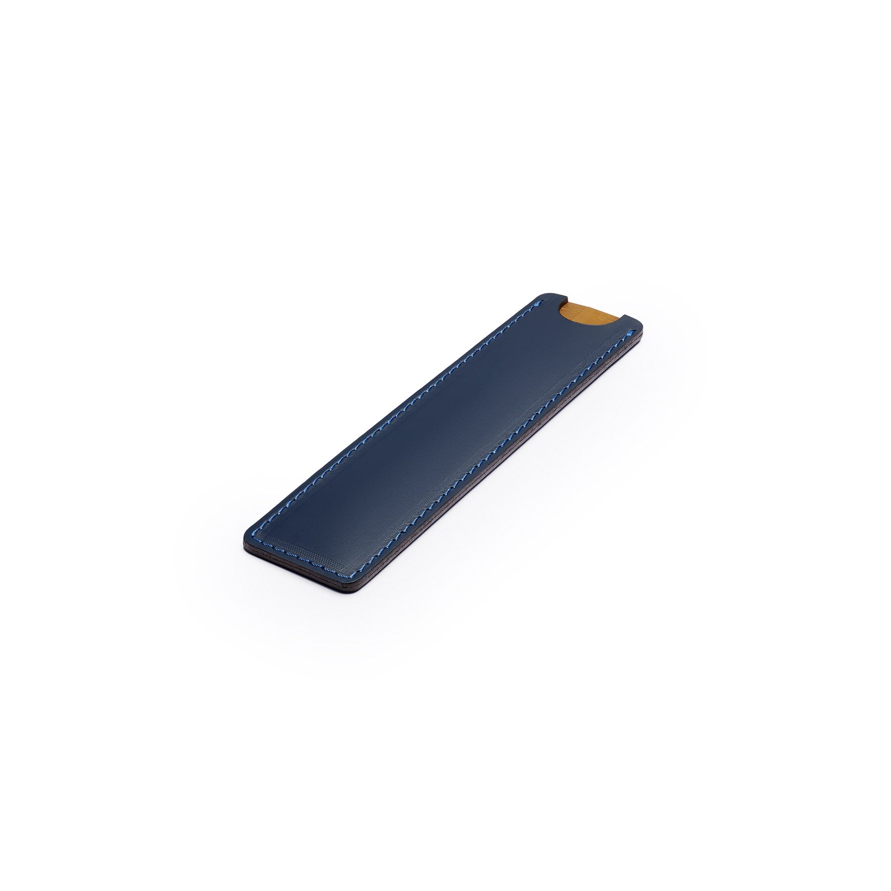 Navy solid brass ruler with leather sheath, flat lay, angled view — desk gift — CarveOn, made in Ireland#Color_Navy