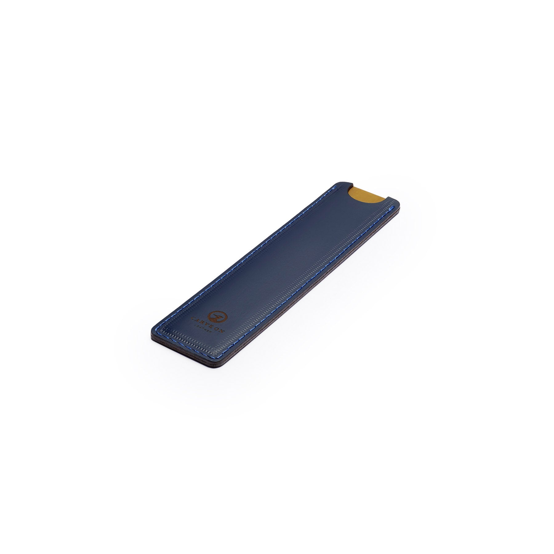 Navy solid brass ruler with leather sheath, flat lay, angled view — desk gift — CarveOn, made in Ireland#Color_Navy