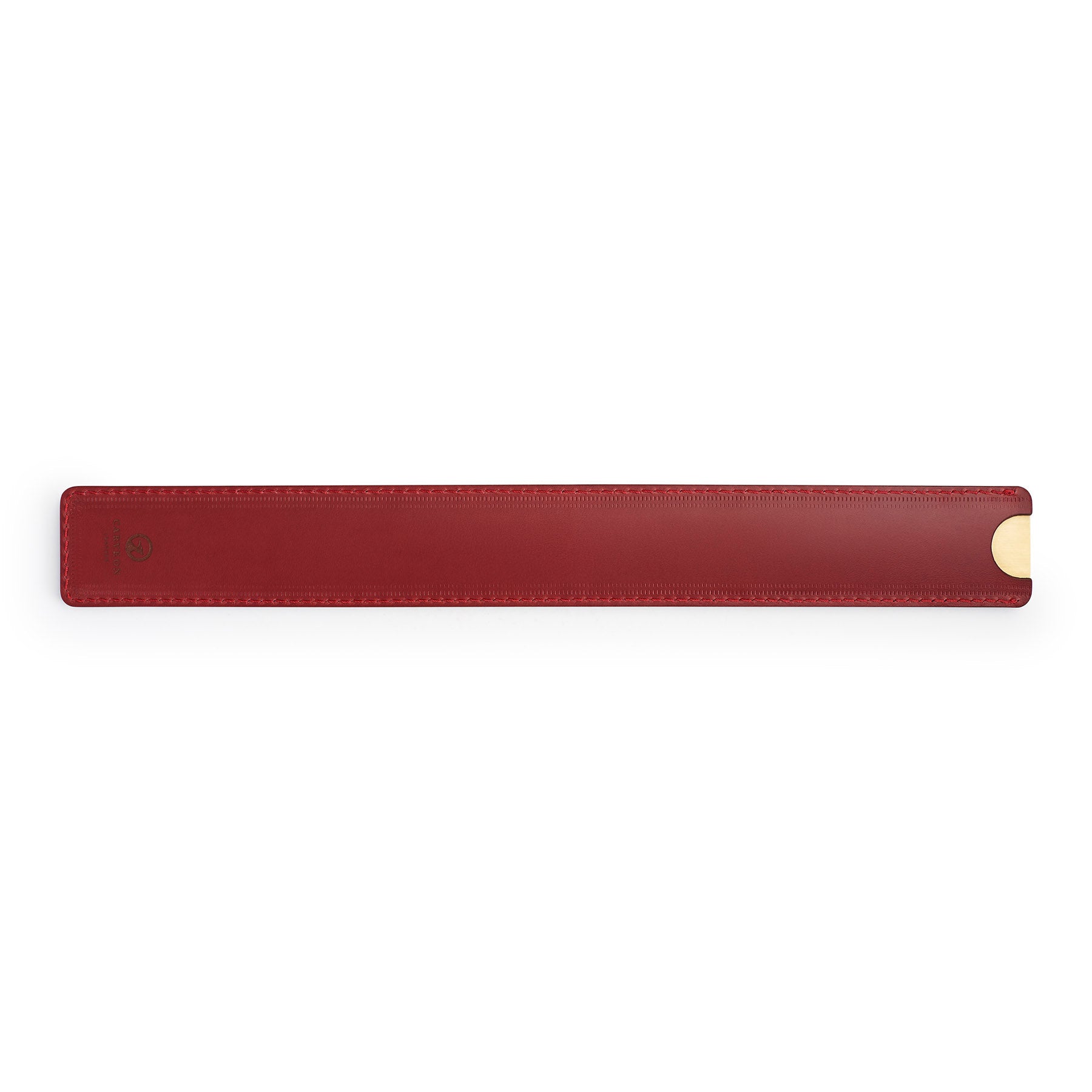 Burgundy solid brass ruler with leather sheath, flat lay — desk gift — CarveOn, made in Ireland#Color_Burgundy