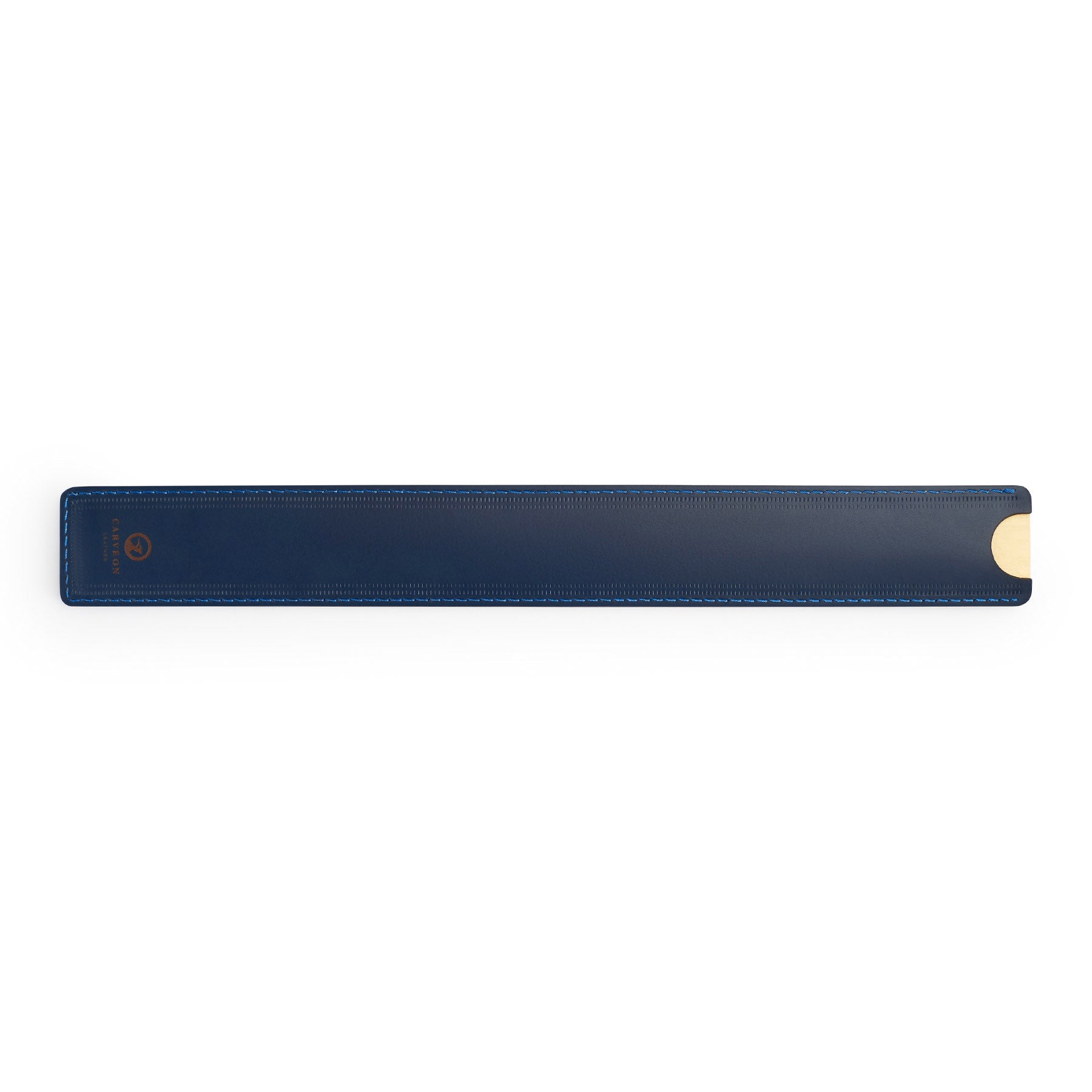 Navy solid brass ruler with leather sheath, flat lay — desk gift — CarveOn, made in Ireland#Color_Navy
