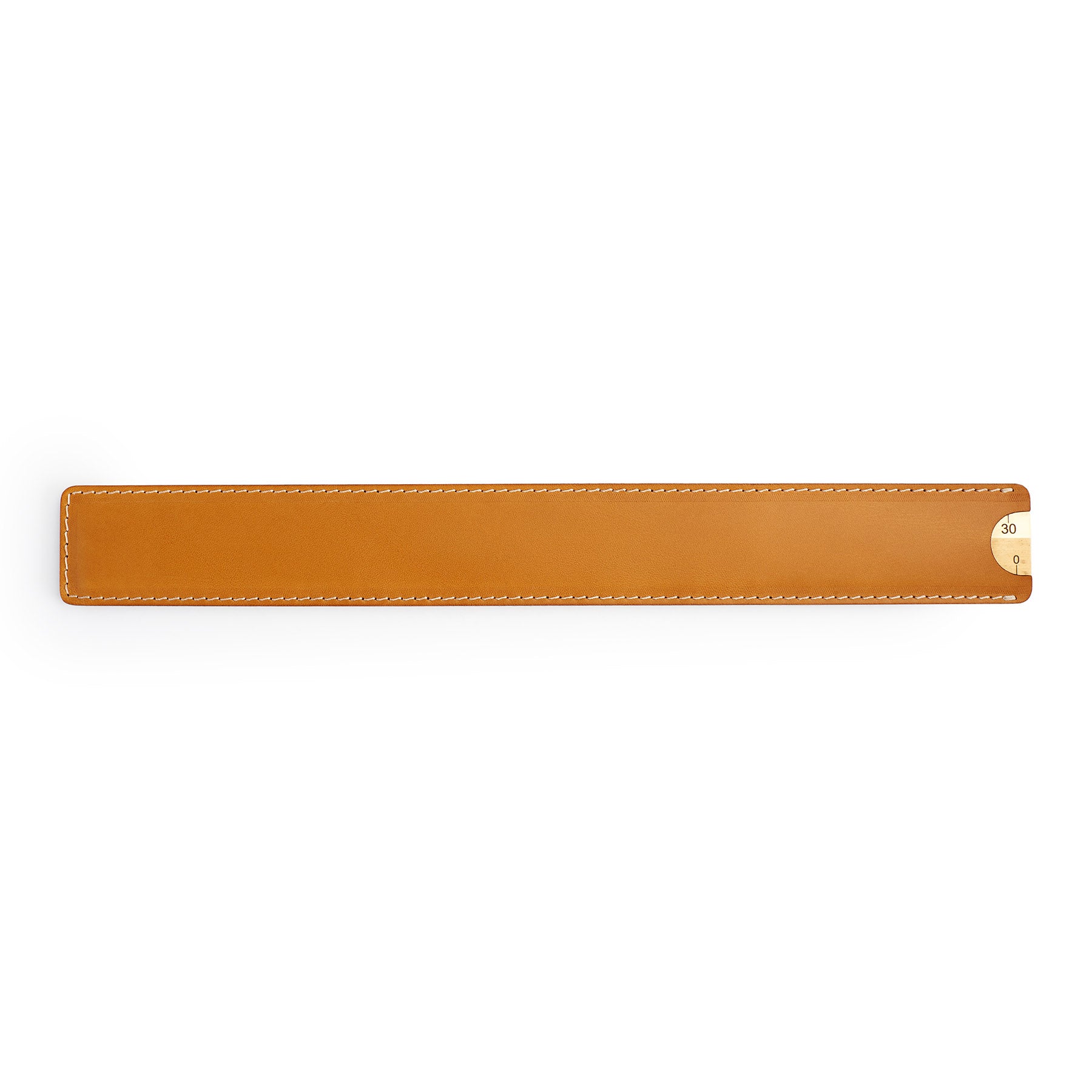 Tan solid brass ruler with leather sheath, flat lay — desk gift — CarveOn, made in Ireland#Color_Tan
