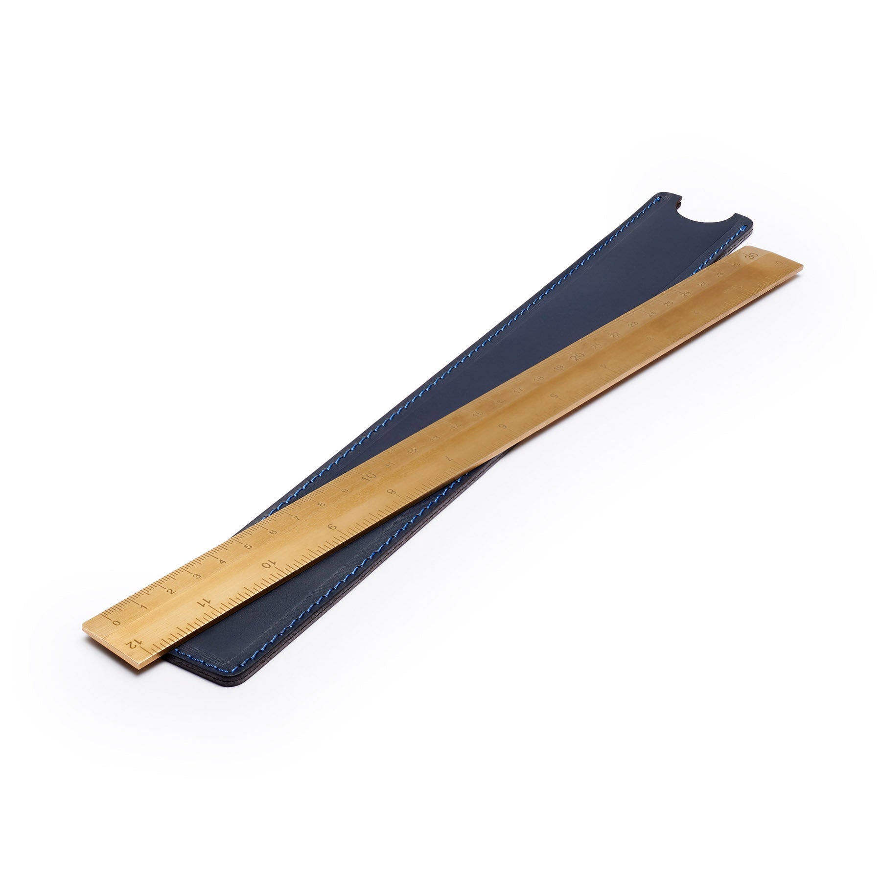Navy solid brass ruler with leather sheath, flat lay, angled view — desk gift — CarveOn, made in Ireland#Color_Navy