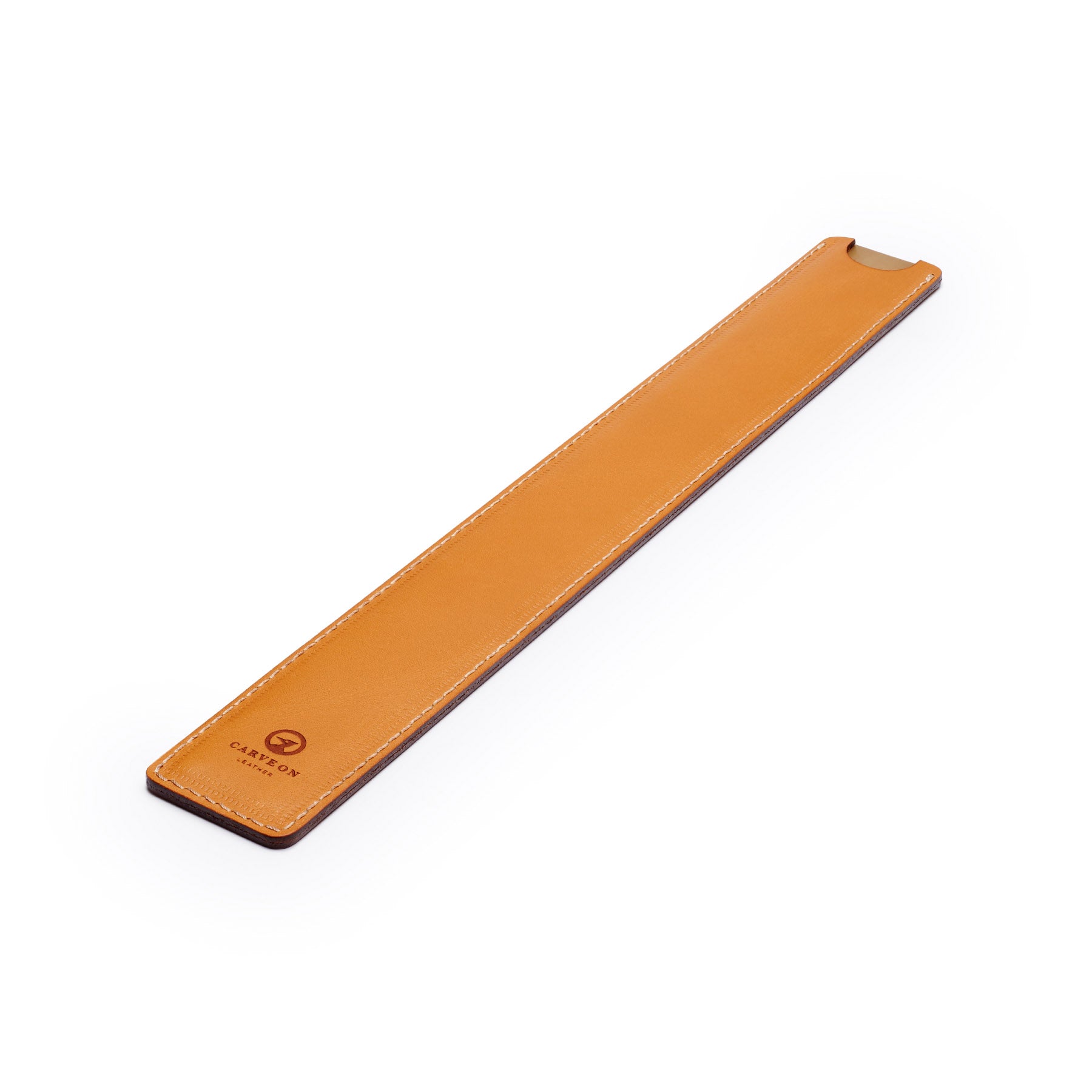 Tan solid brass ruler with leather sheath, flat lay, angled view — desk gift — CarveOn, made in Ireland#Color_Tan