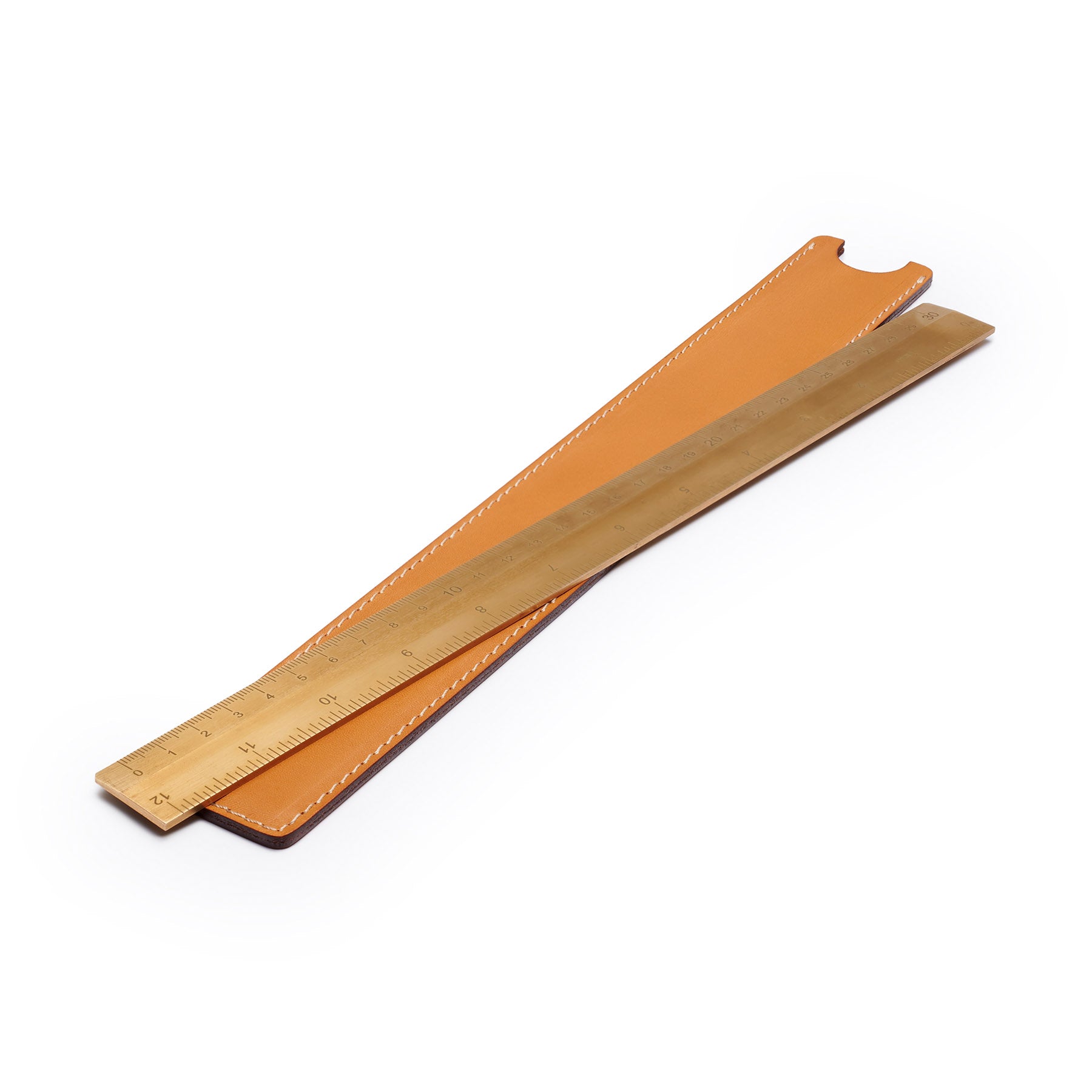 Tan solid brass ruler with leather sheath, flat lay, angled view — desk gift — CarveOn, made in Ireland#Color_Tan