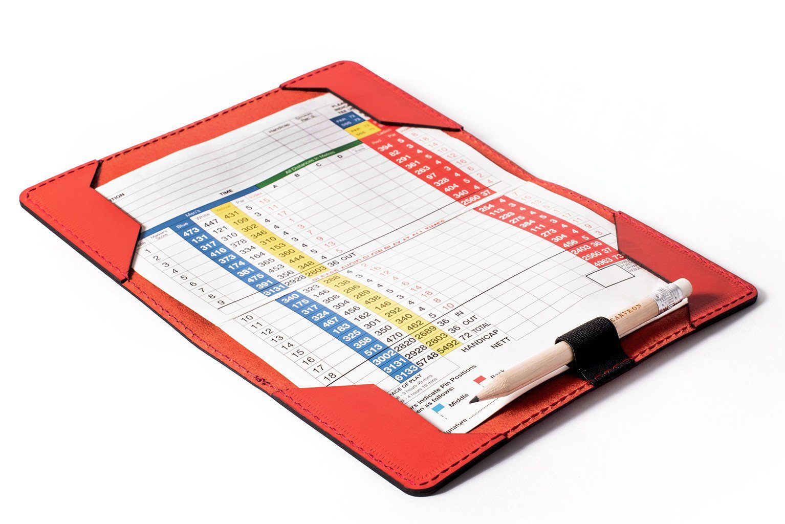 Red leather golf scorecard holder, open showing interior — personalised golf gift — CarveOn, handmade in Ireland#Color_Red