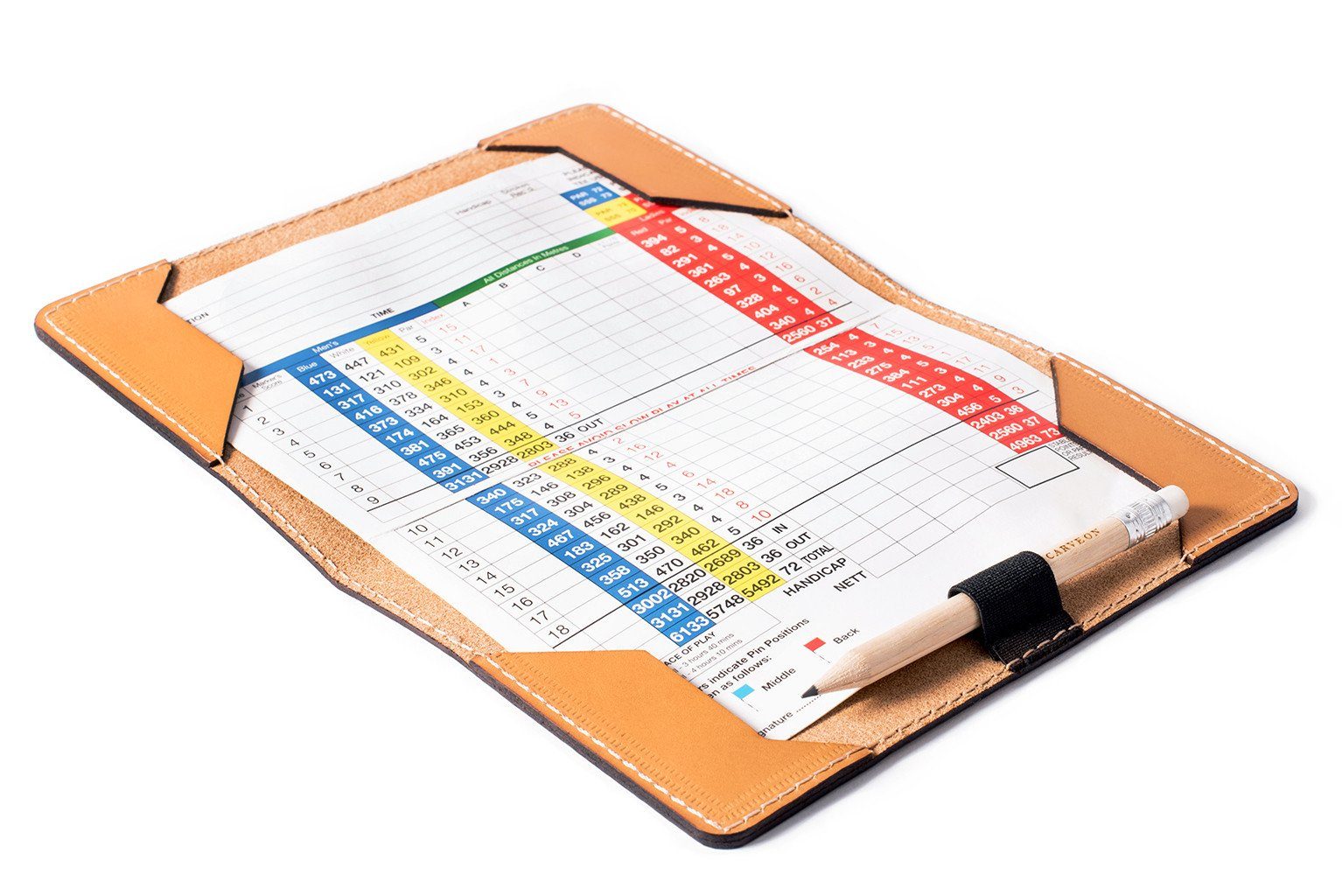 Tan leather golf scorecard holder, open showing interior — personalised golf gift — CarveOn, handmade in Ireland#Color_Tan