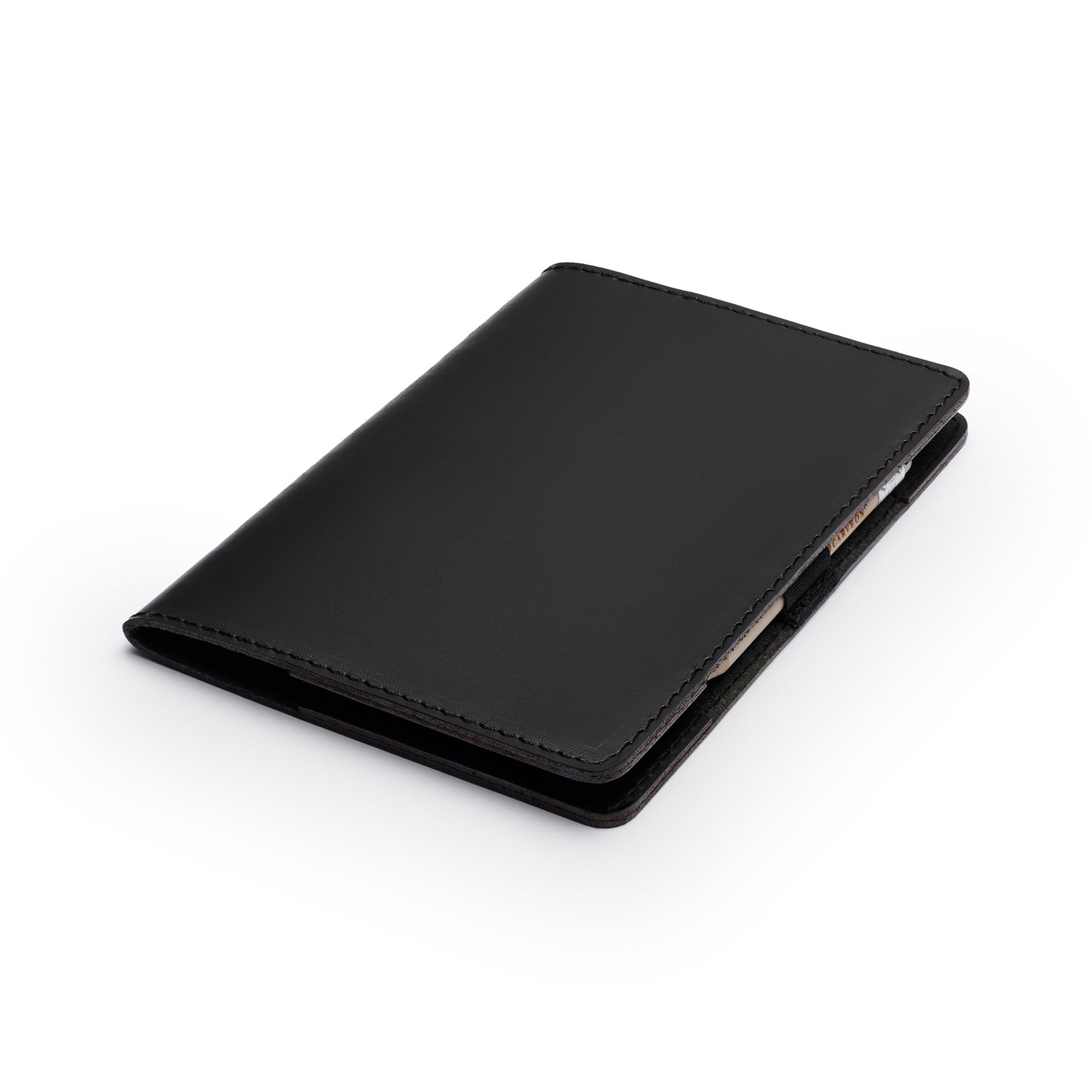 Black leather golf scorecard holder, flat lay, angled view — personalised golf gift — CarveOn, handmade in Ireland#Color_Black