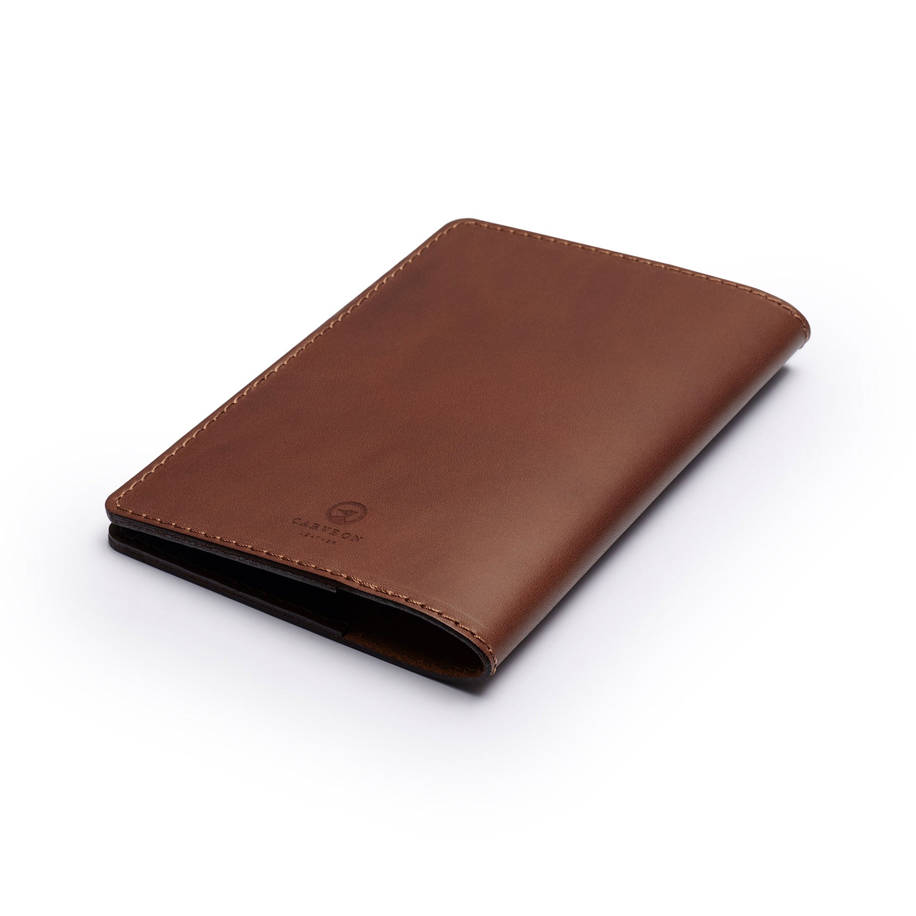 Dark Brown leather golf scorecard holder, flat lay, angled view — personalised golf gift — CarveOn, handmade in Ireland#Color_Dark Brown