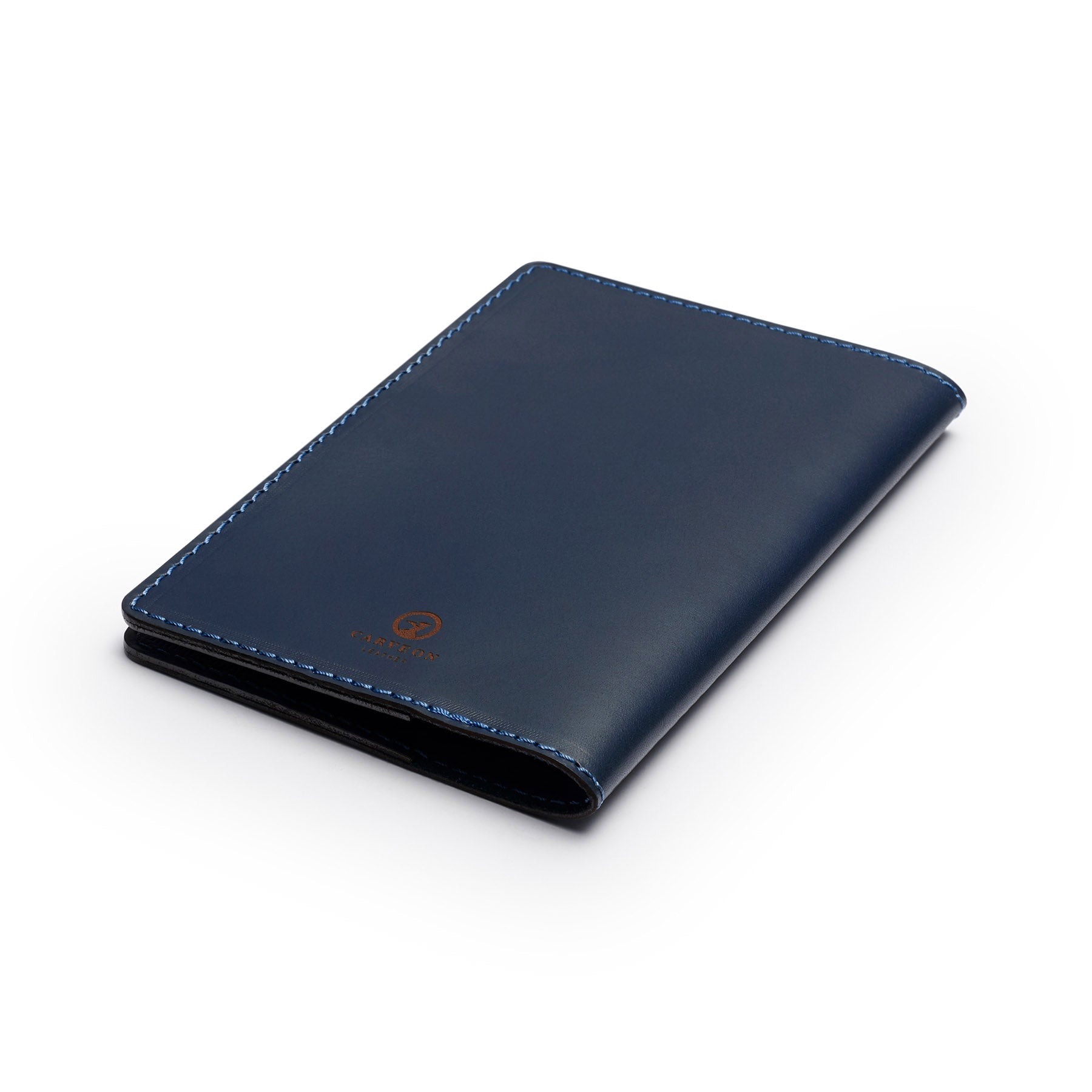 Navy leather golf scorecard holder, flat lay, angled view — personalised golf gift — CarveOn, handmade in Ireland#Color_Navy