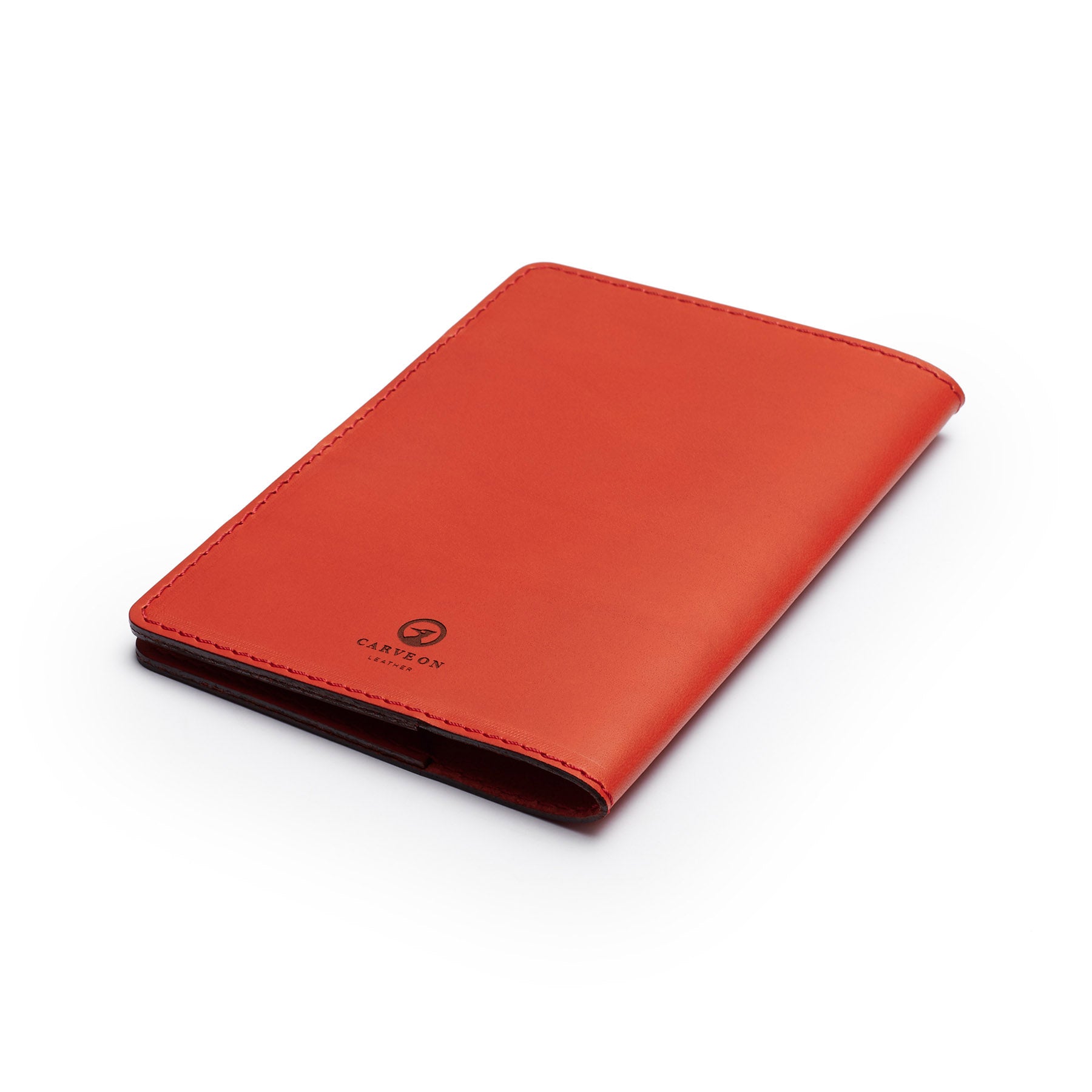 Red leather golf scorecard holder, flat lay, angled view — personalised golf gift — CarveOn, handmade in Ireland#Color_Red