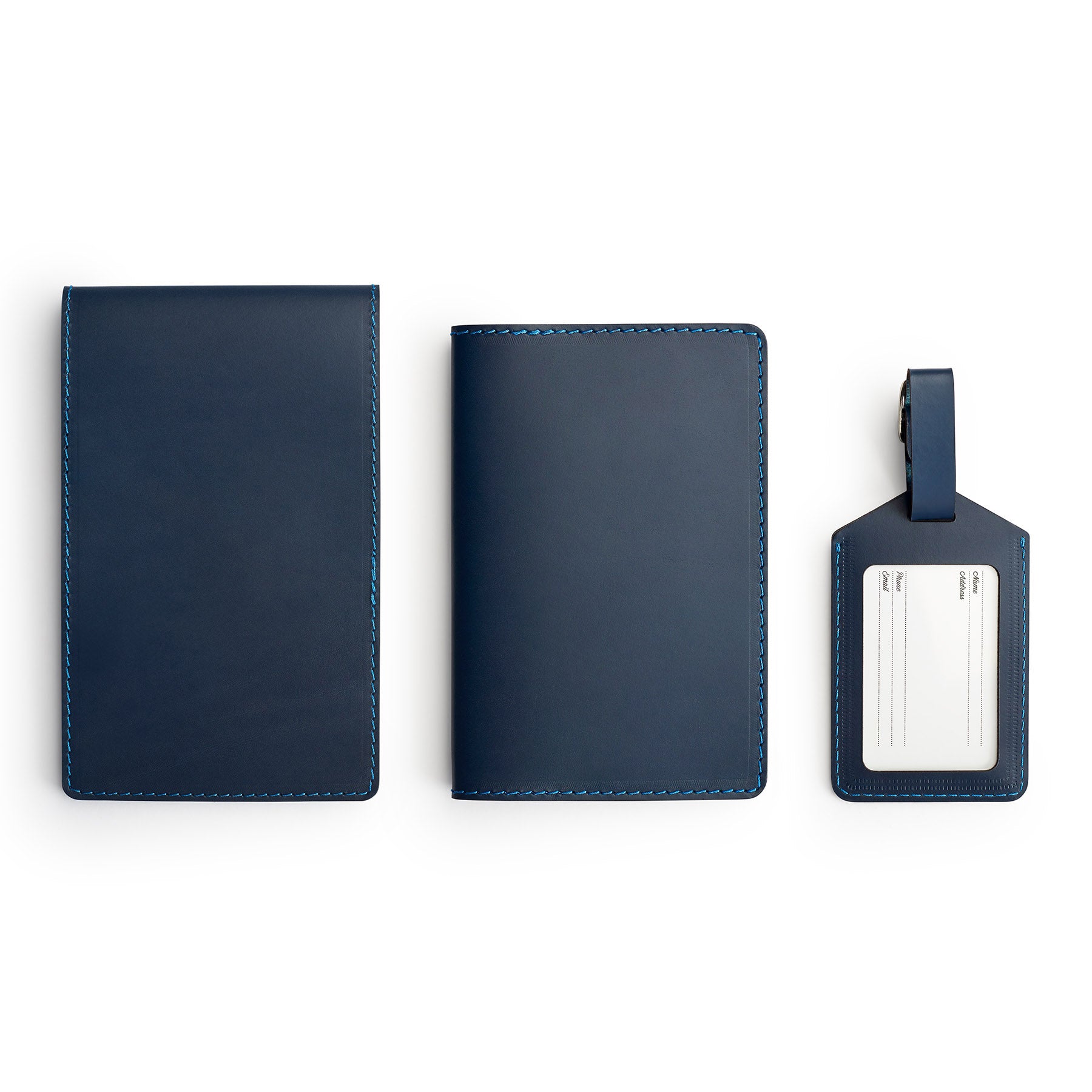 Navy leather golf gift set, flat lay — personalised — CarveOn, handmade in Ireland#Color_Navy