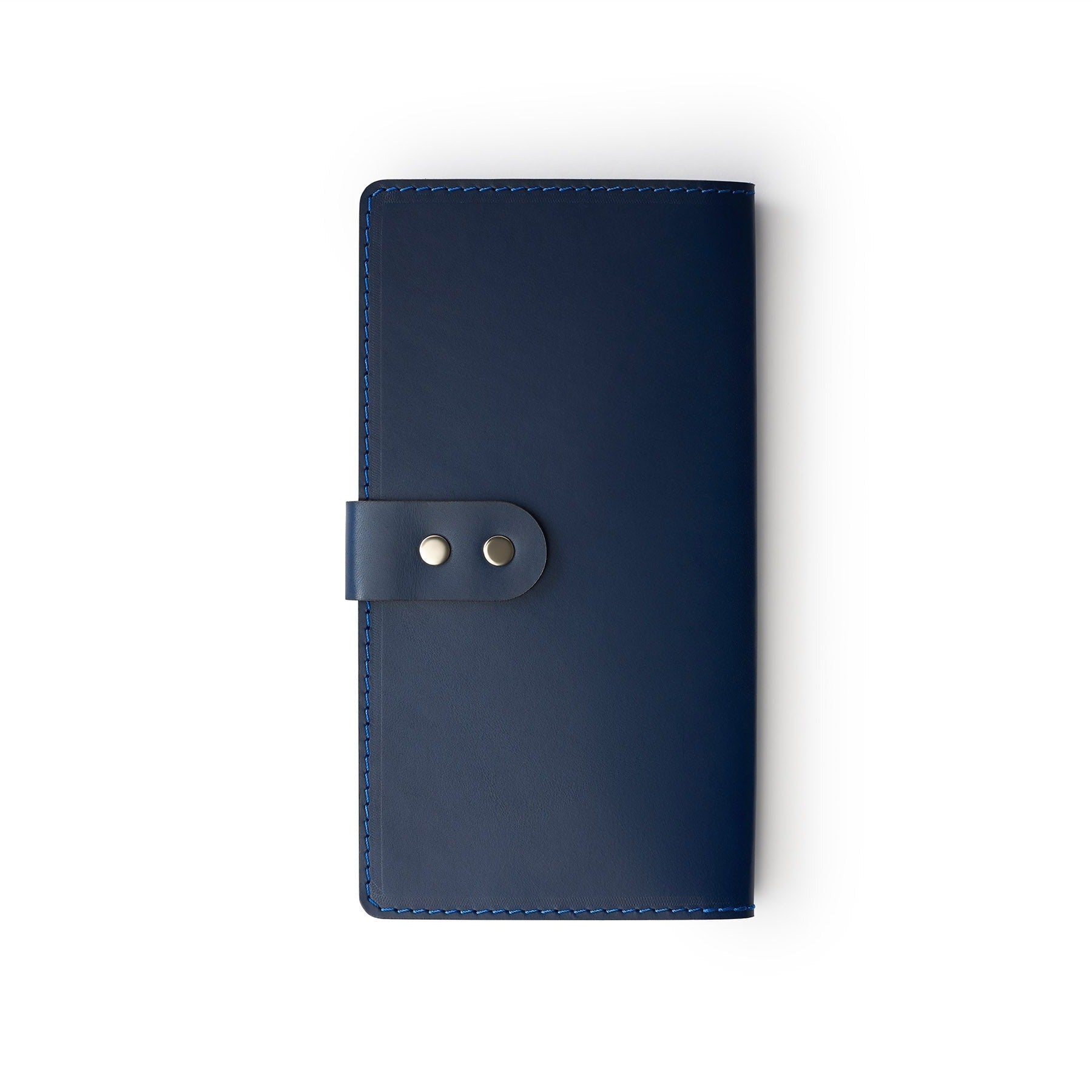 Navy full-grain leather travel wallet, flat lay — personalised — CarveOn, made in Ireland#Color_Navy
