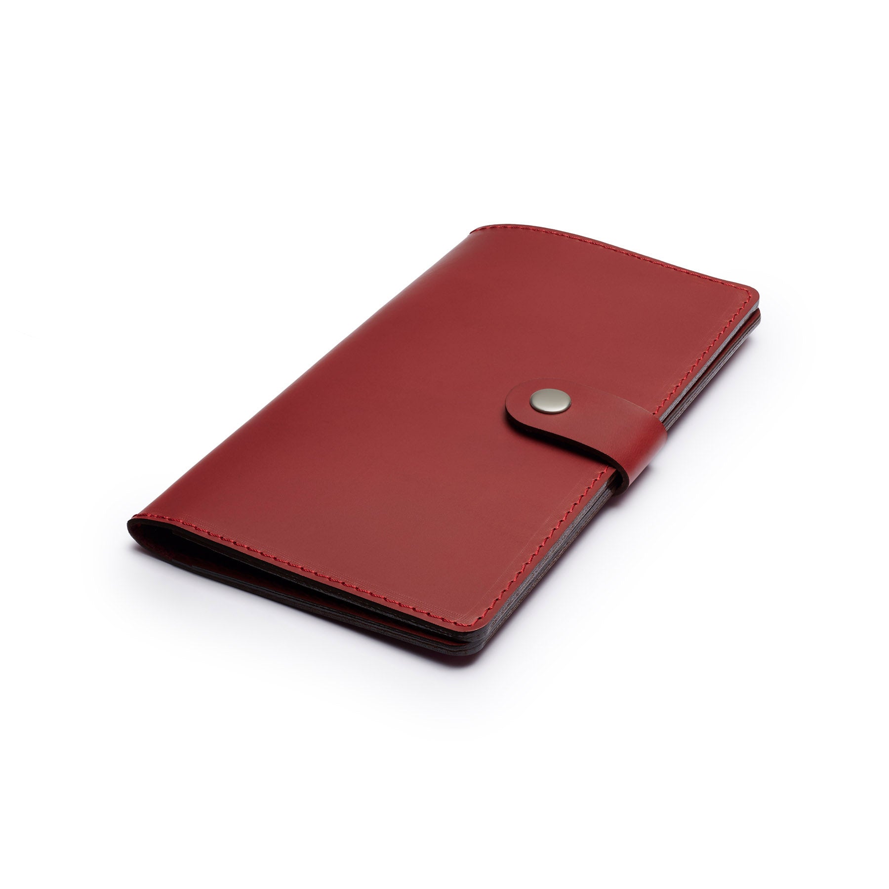 Burgundy full-grain leather travel wallet, flat lay, angled view — personalised — CarveOn, made in Ireland#Color_Burgundy