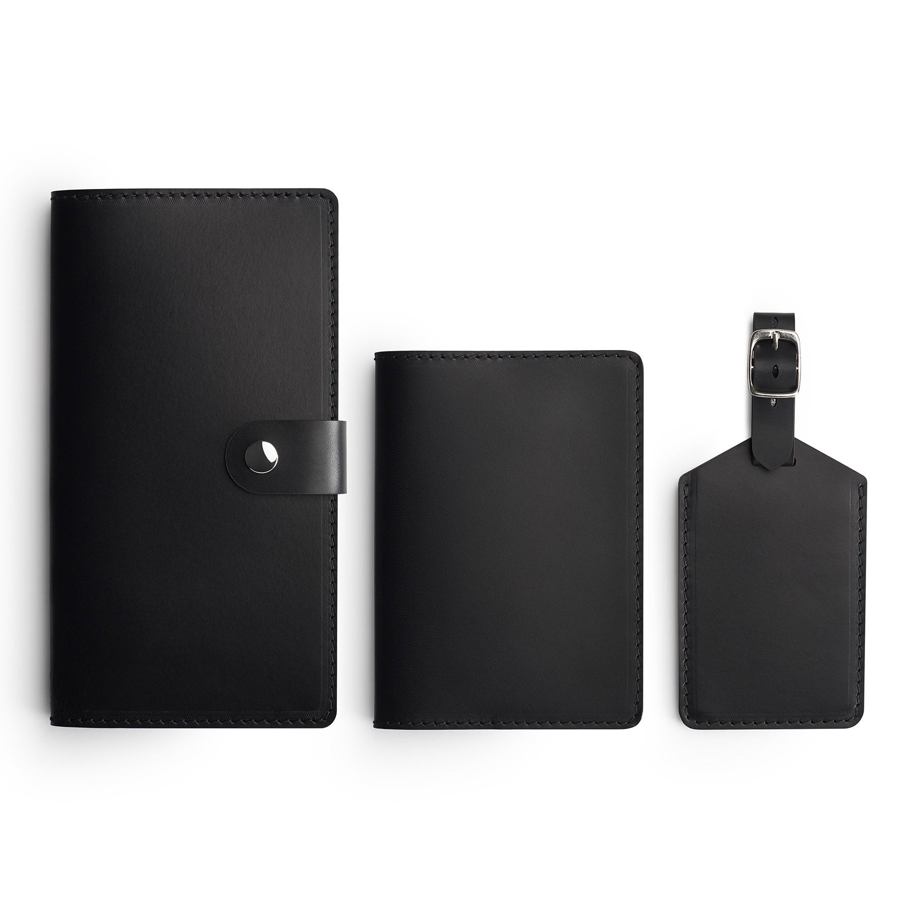 Black leather travel gift set, flat lay — personalised — CarveOn, made in Ireland#Color_Black