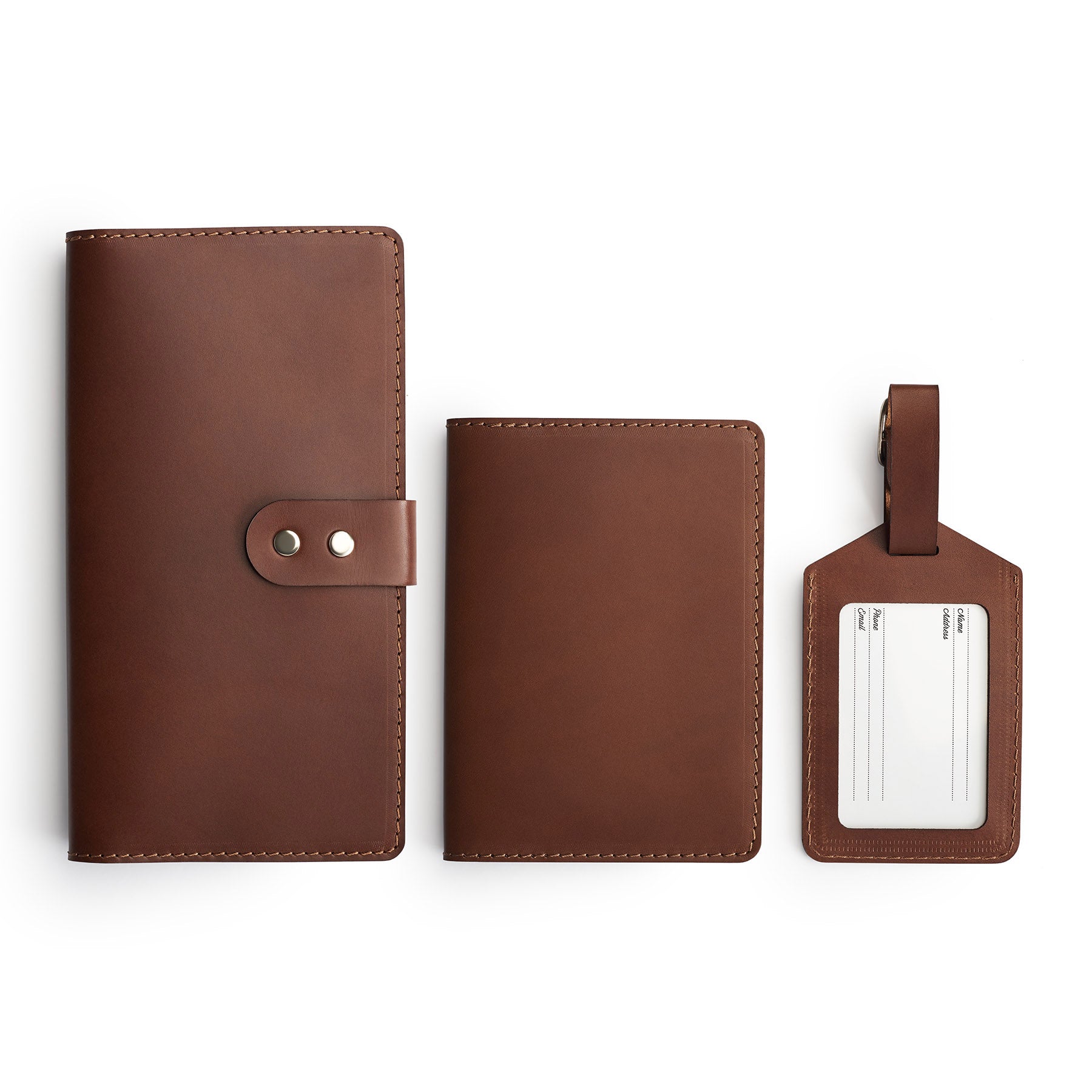 Dark Brown leather travel gift set, flat lay — personalised — CarveOn, made in Ireland#Color_Dark Brown