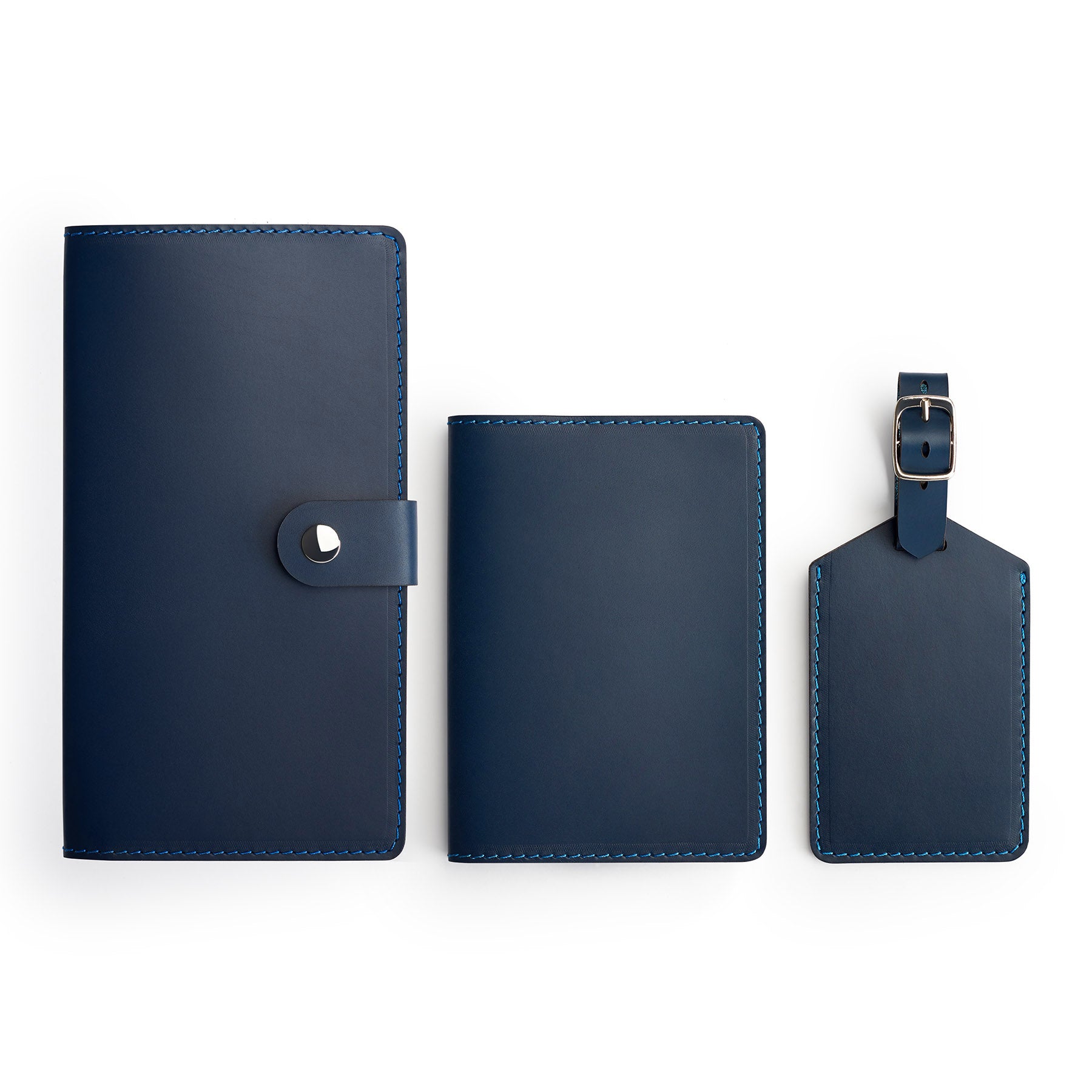 Navy leather travel gift set, flat lay — personalised — CarveOn, made in Ireland#Color_Navy
