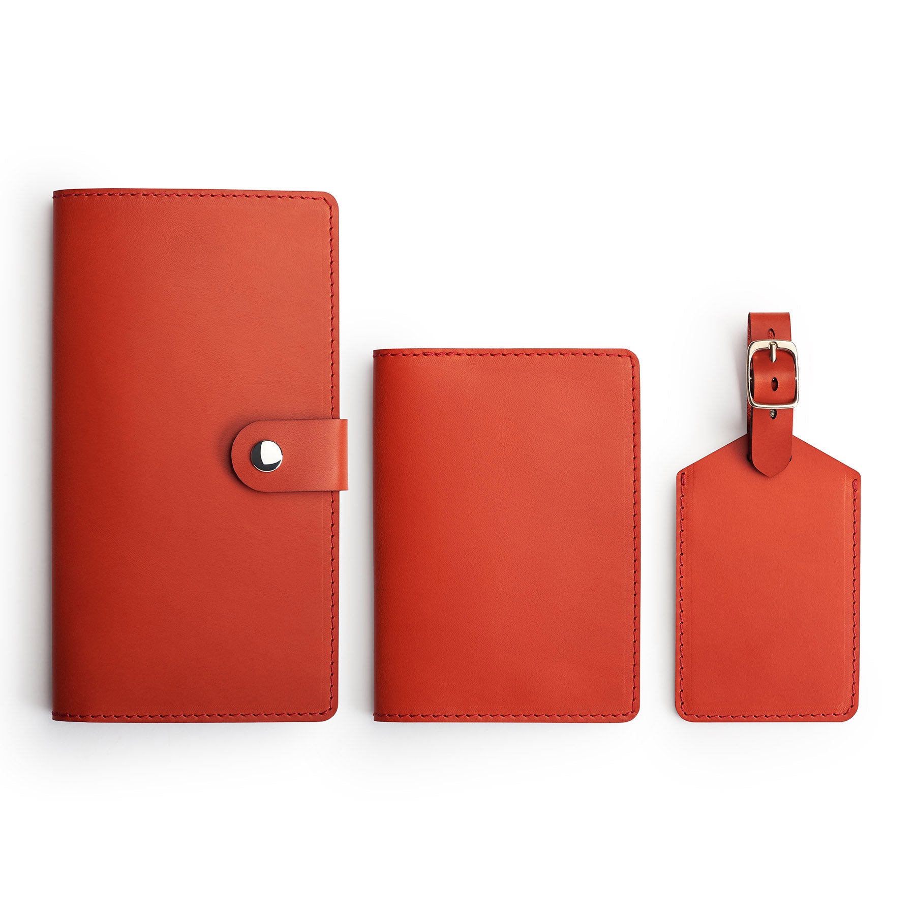 Red leather travel gift set, flat lay — personalised — CarveOn, made in Ireland#Color_Red