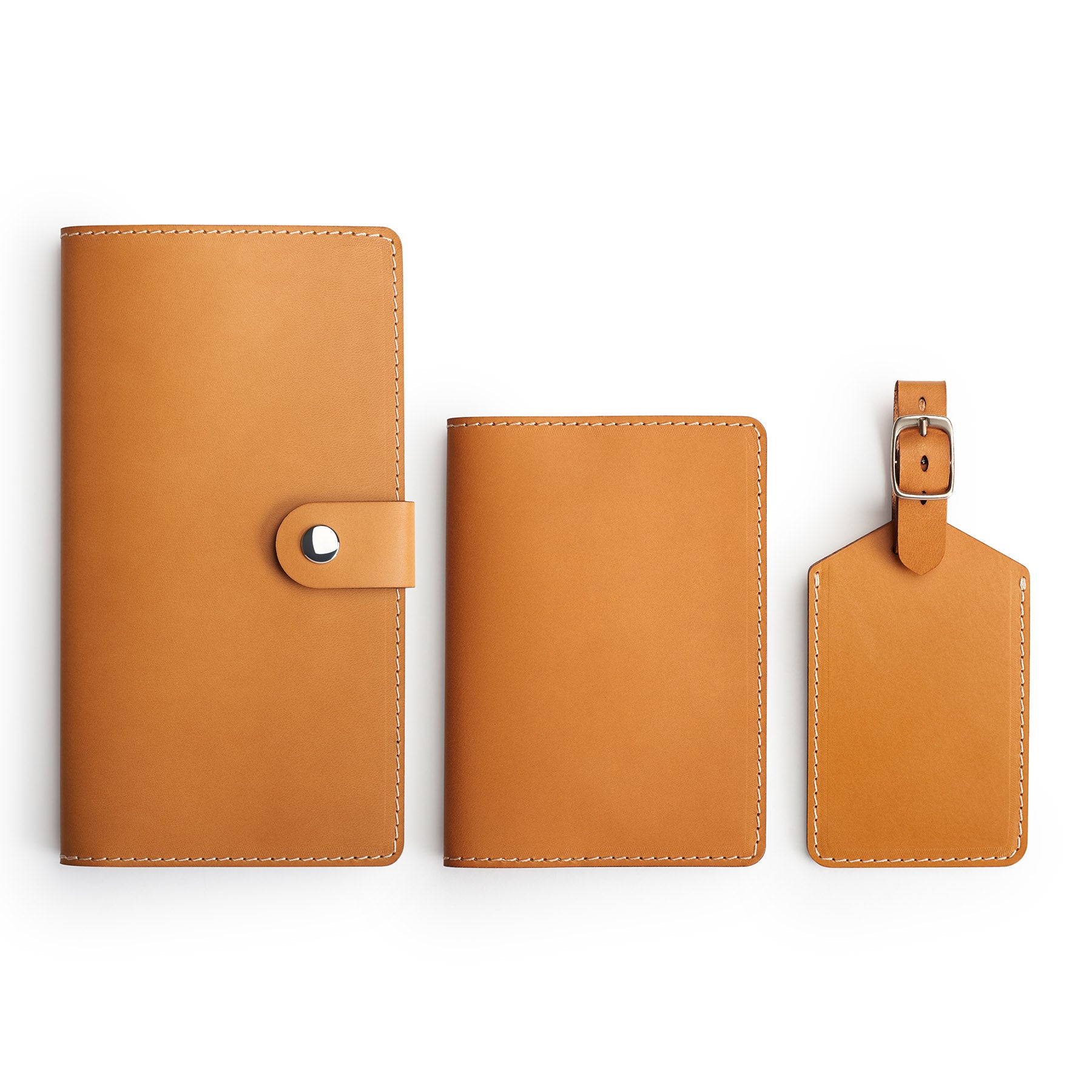 Tan leather travel gift set, flat lay — personalised — CarveOn, made in Ireland#Color_Tan
