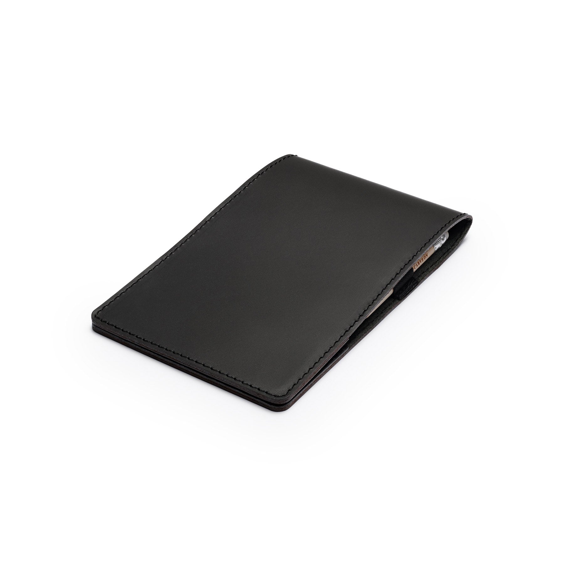 Black leather yardage book cover, flat lay, angled view — personalised golf gift — CarveOn, handmade in Ireland#Color_Black